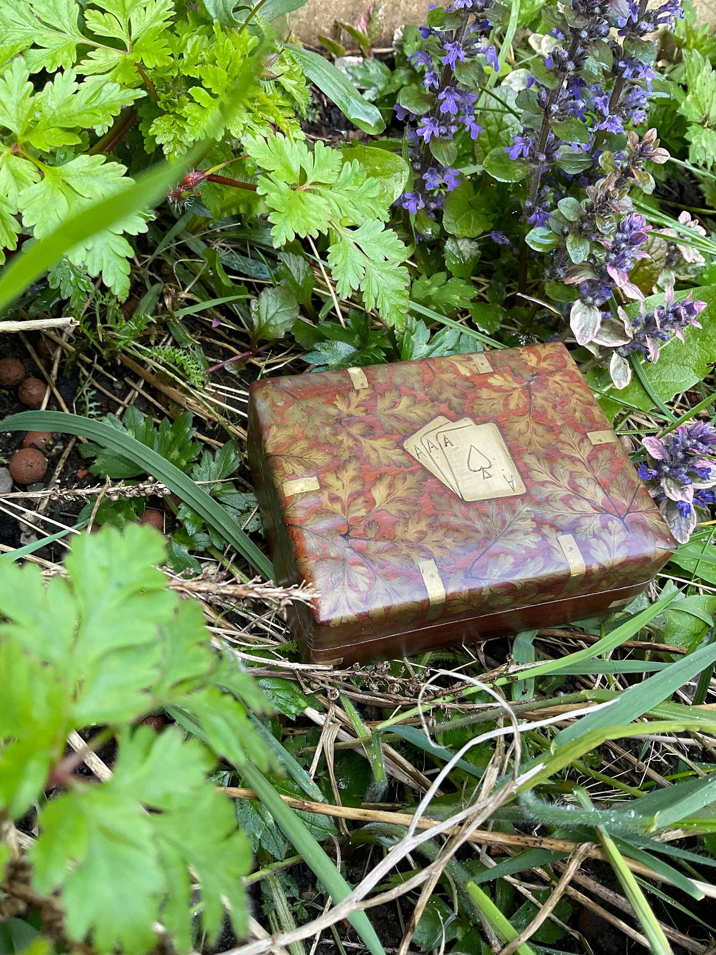 Handmade card and dice box with geranium leaves b grade shabby chic cottagecore goblincore unique nature