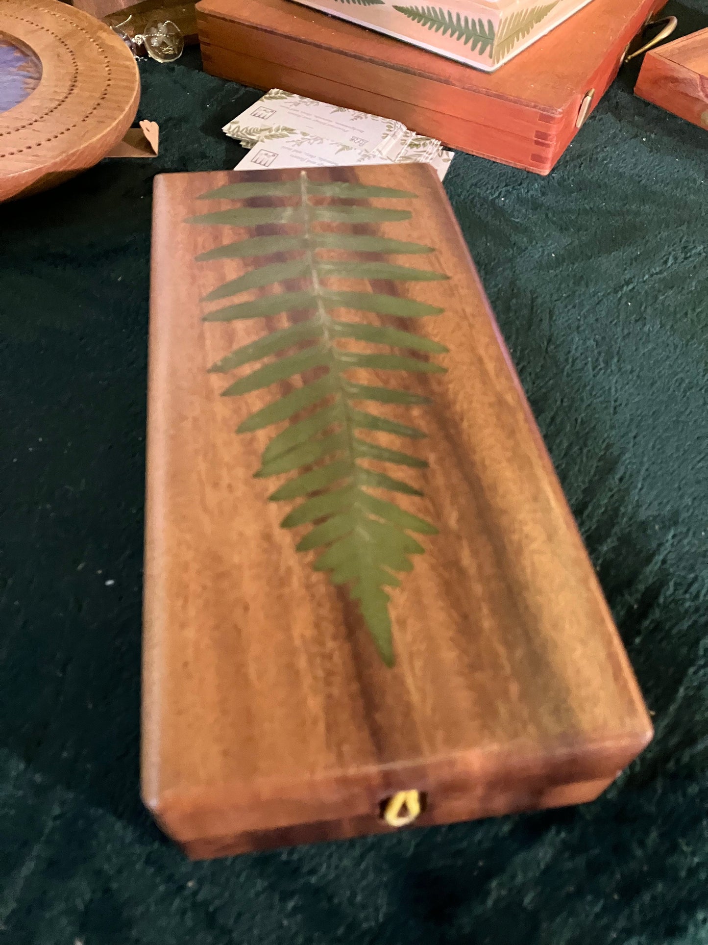 Handmade mahogany Mancala board, with real geranium and Fern leaves shabby chic cottagecore goblincore unique nature