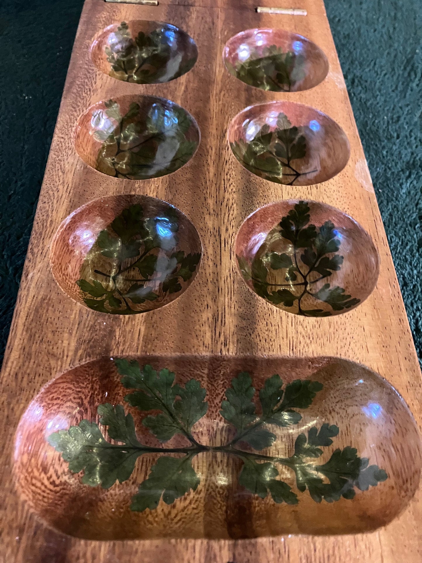 Handmade mahogany Mancala board, with real geranium and Fern leaves shabby chic cottagecore goblincore unique nature