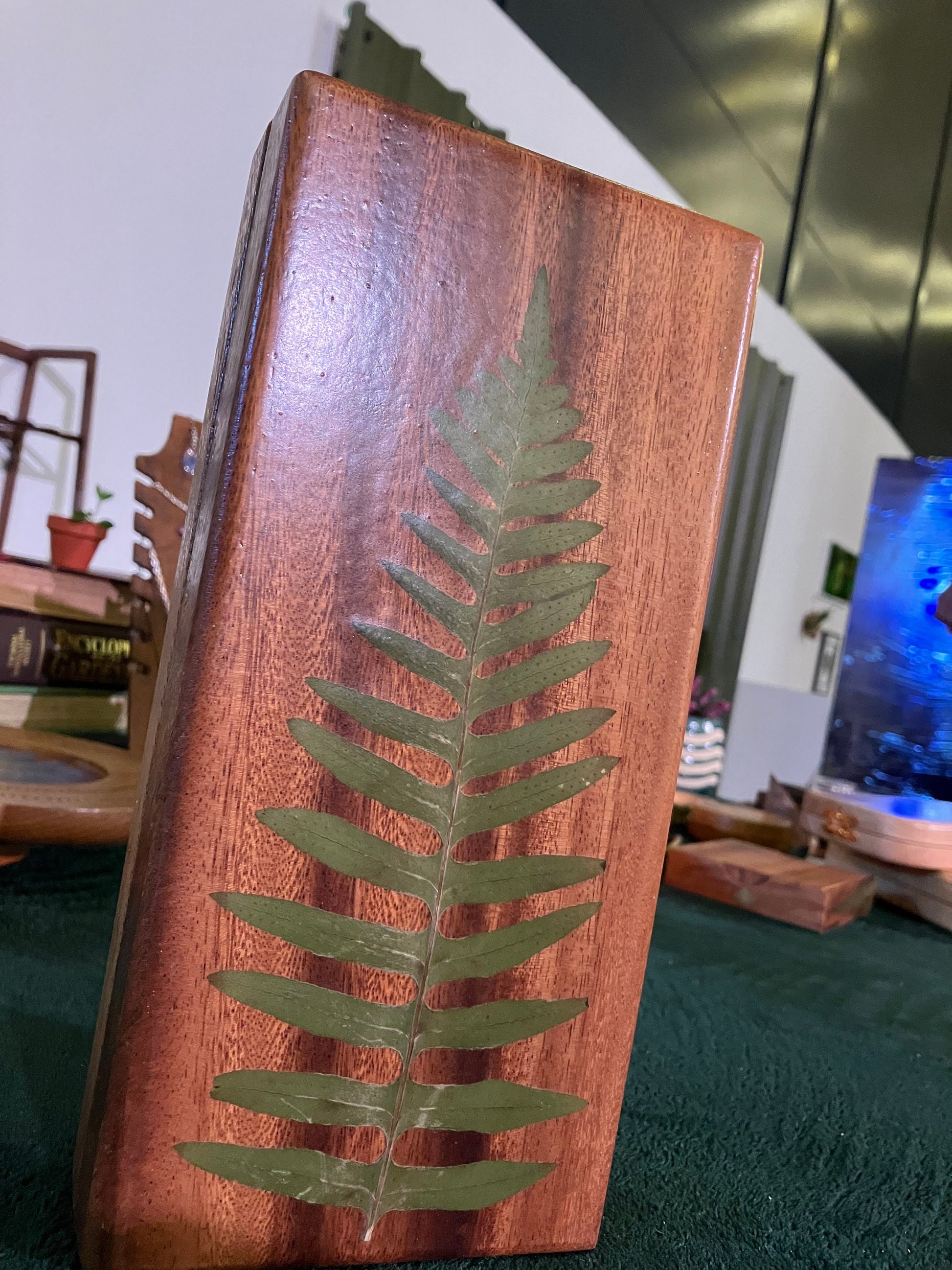 Handmade mahogany Mancala board, with real geranium and Fern leaves shabby chic cottagecore goblincore unique nature