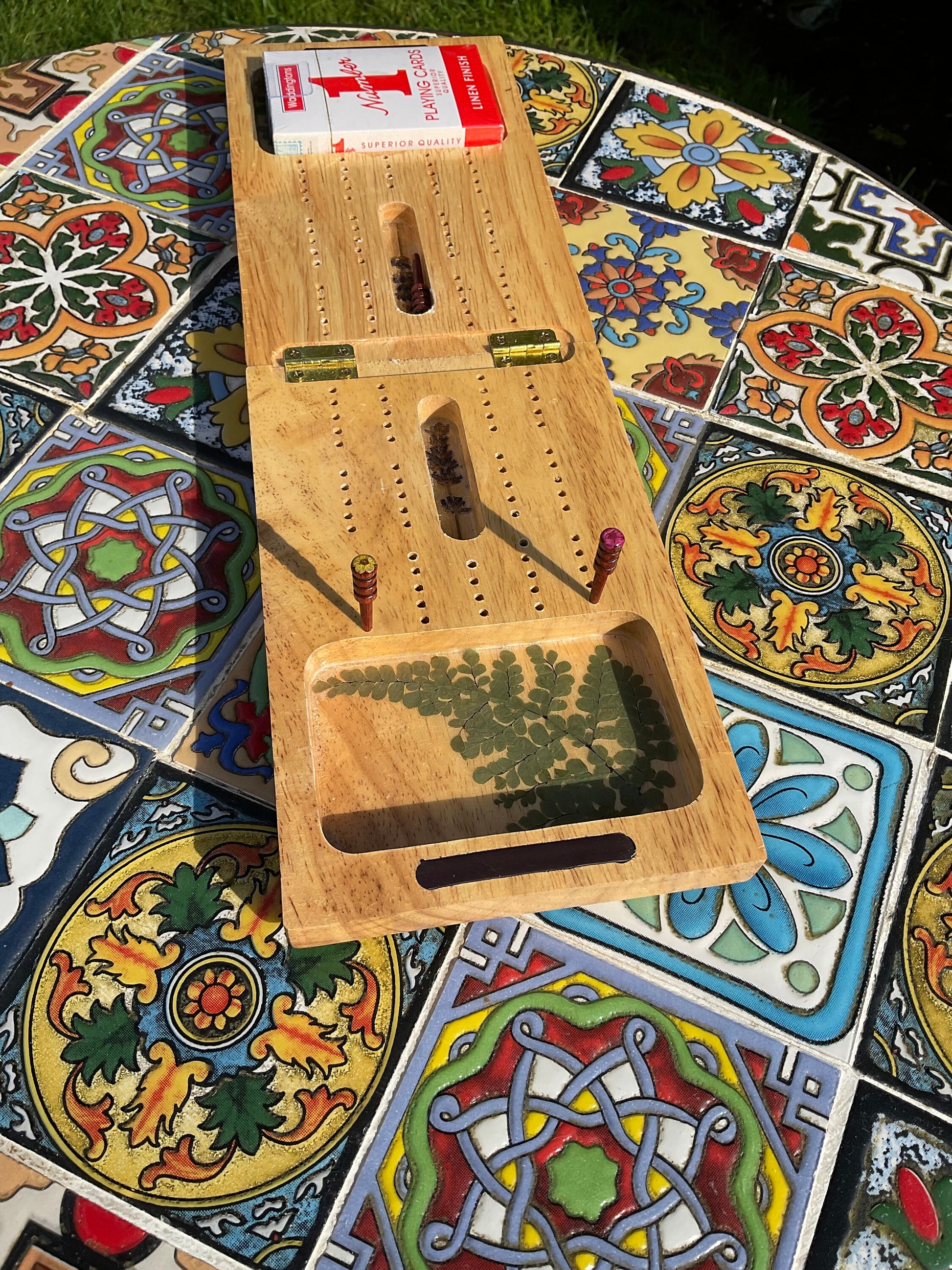 Folding botanical Cribbage board, with real Fern leaves and lavender and blossom flowers shabby chic cottagecore goblincore unique nature