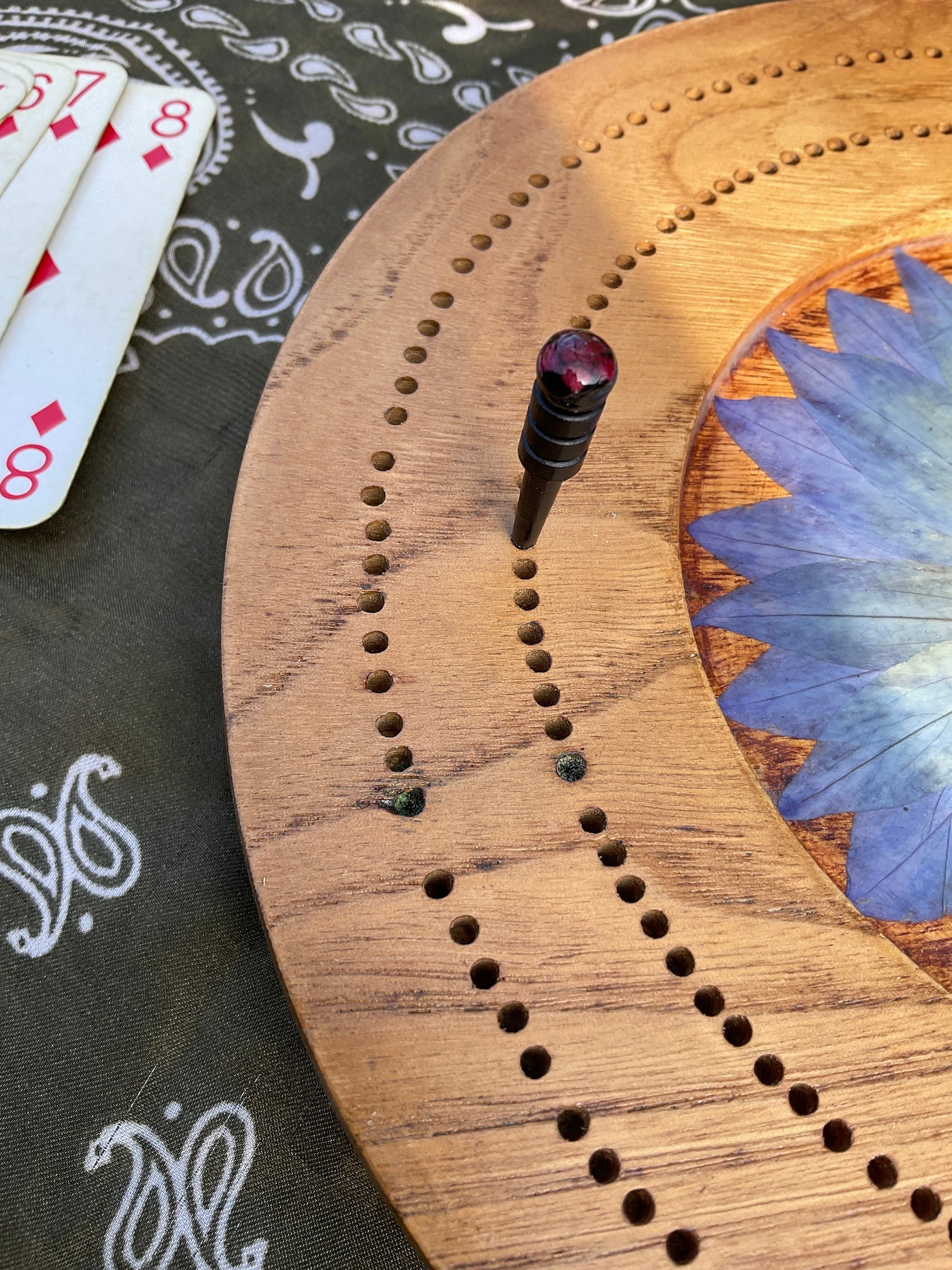 Rare circular Handmade botanical Cribbage board, with blossom flowers shabby chic cottagecore goblincore unique nature