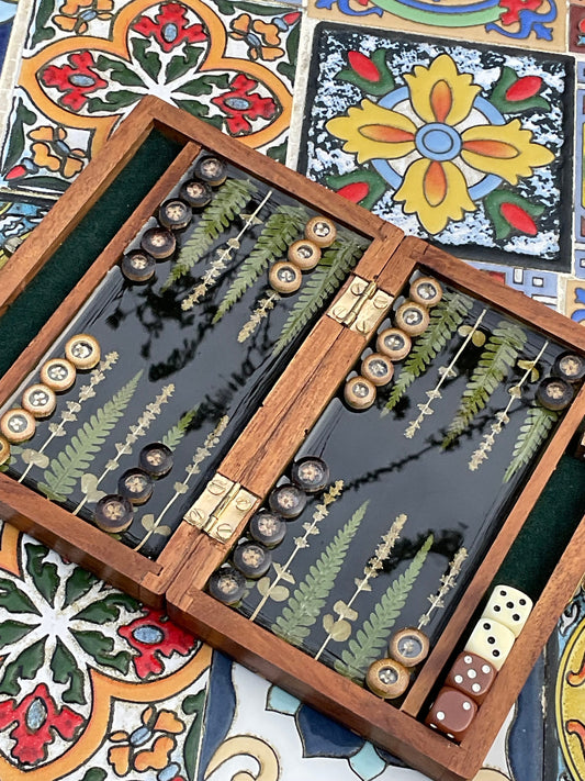 Travel size mini backgammon board, w pressed leaves includes ferns & lavender flowers, Herb shabby chic cottagecore goblincore unique nature