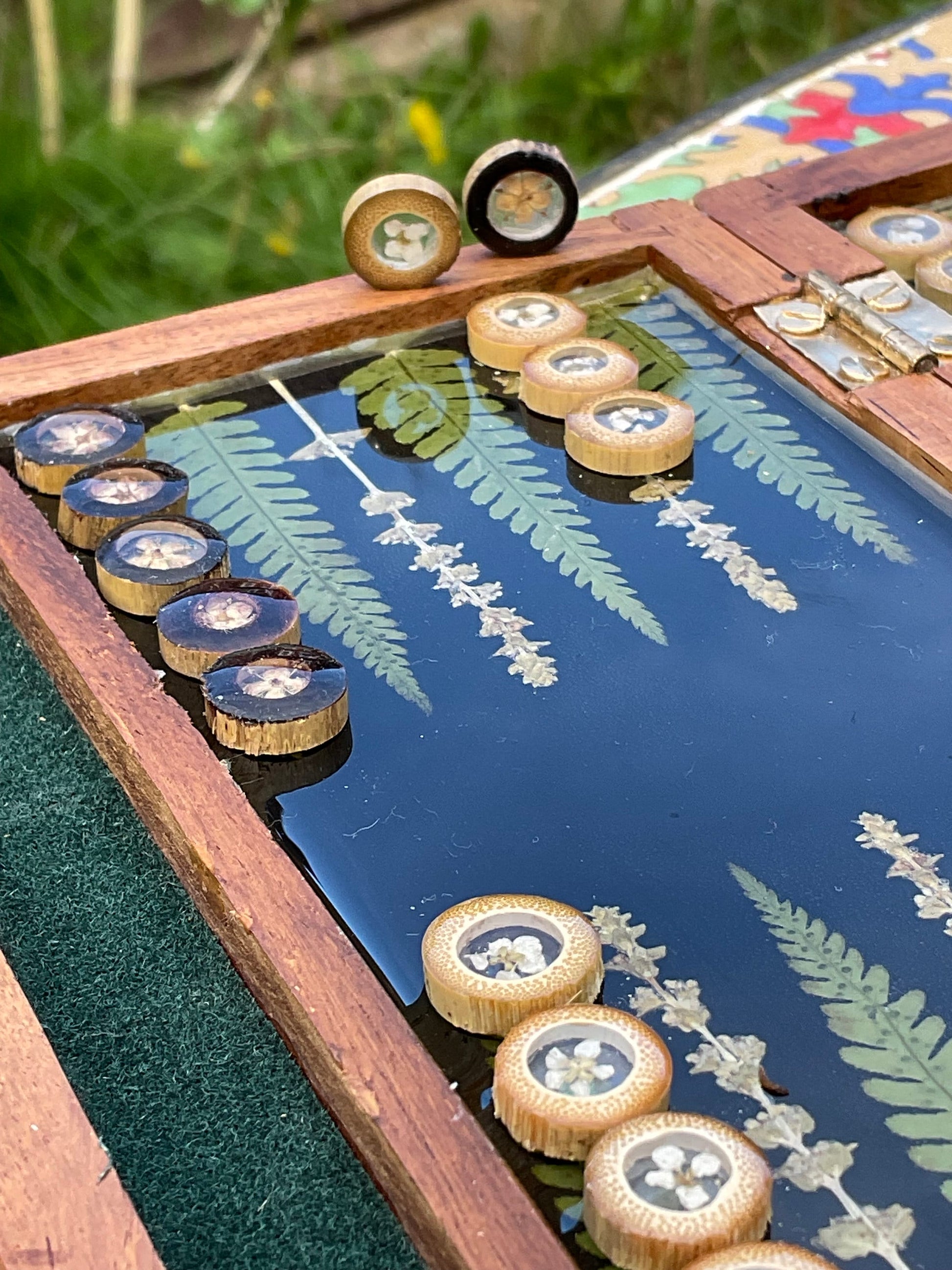 Travel size mini backgammon board, w pressed leaves includes ferns & lavender flowers, Herb shabby chic cottagecore goblincore unique nature