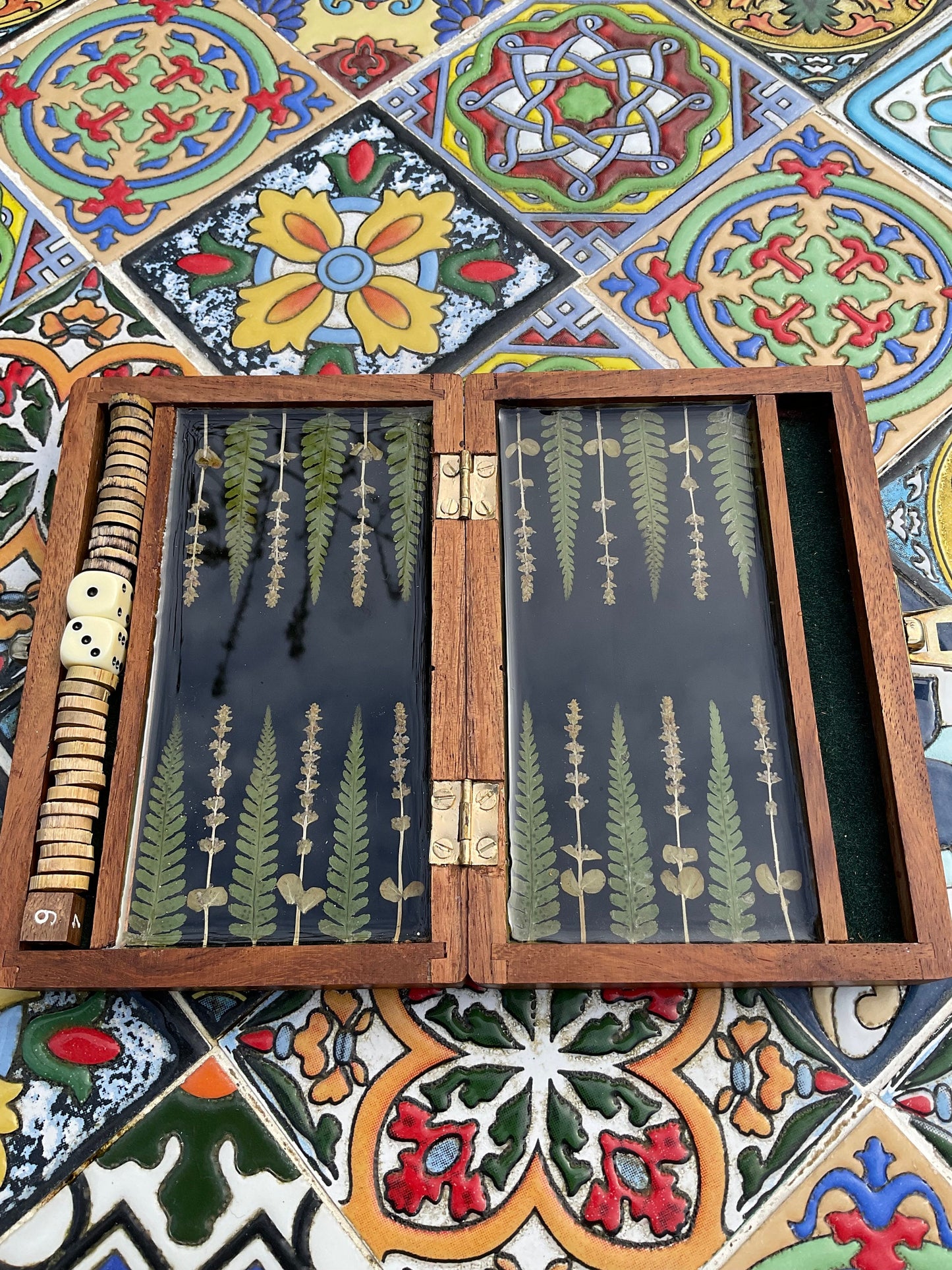 Travel size mini backgammon board, w pressed leaves includes ferns & lavender flowers, Herb shabby chic cottagecore goblincore unique nature