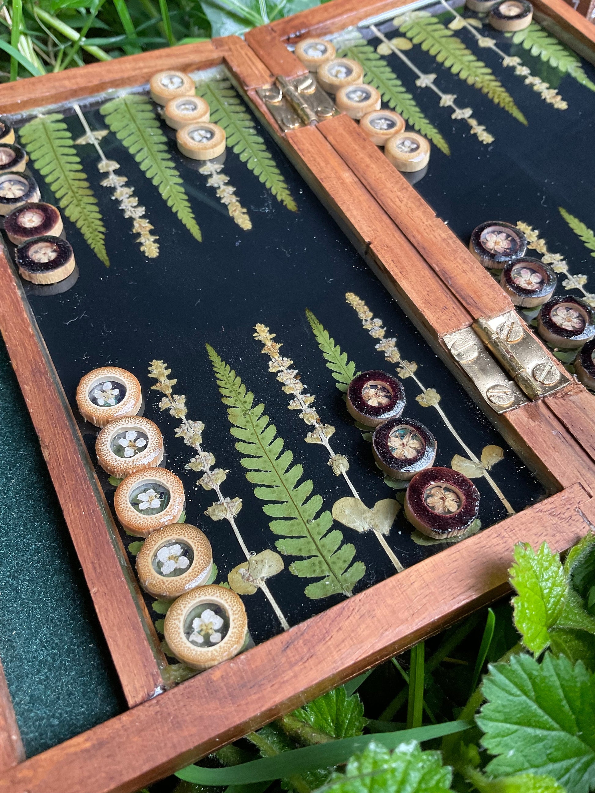 Travel size mini backgammon board, w pressed leaves includes ferns & lavender flowers, Herb shabby chic cottagecore goblincore unique nature