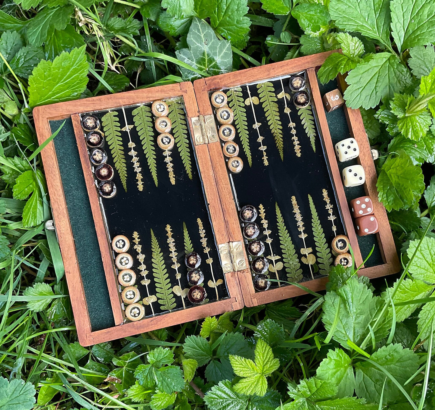 Travel size mini backgammon board, w pressed leaves includes ferns & lavender flowers, Herb shabby chic cottagecore goblincore unique nature