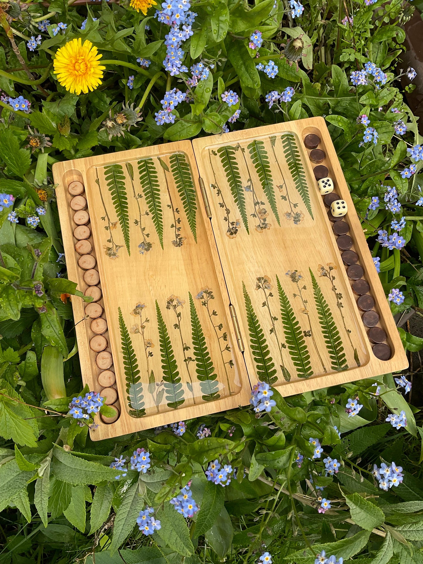 Preserved flower backgammon board, with pressed leaves including ferns and forget me not, shabby chic cottagecore goblincore unique nature