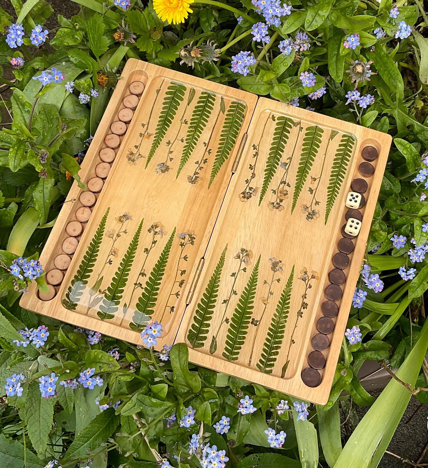 Preserved flower backgammon board, with pressed leaves including ferns and forget me not, shabby chic cottagecore goblincore unique nature