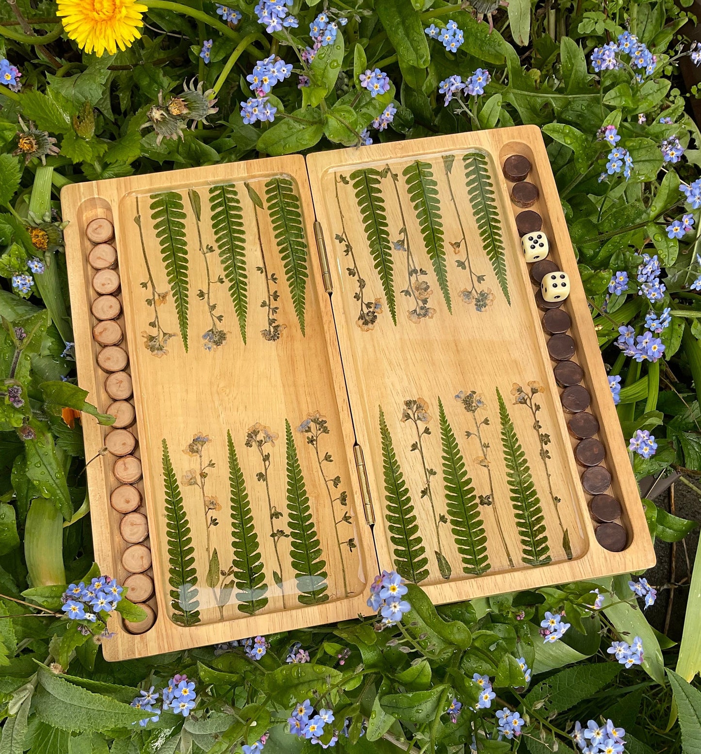 Preserved flower backgammon board, with pressed leaves including ferns and forget me not, shabby chic cottagecore goblincore unique nature