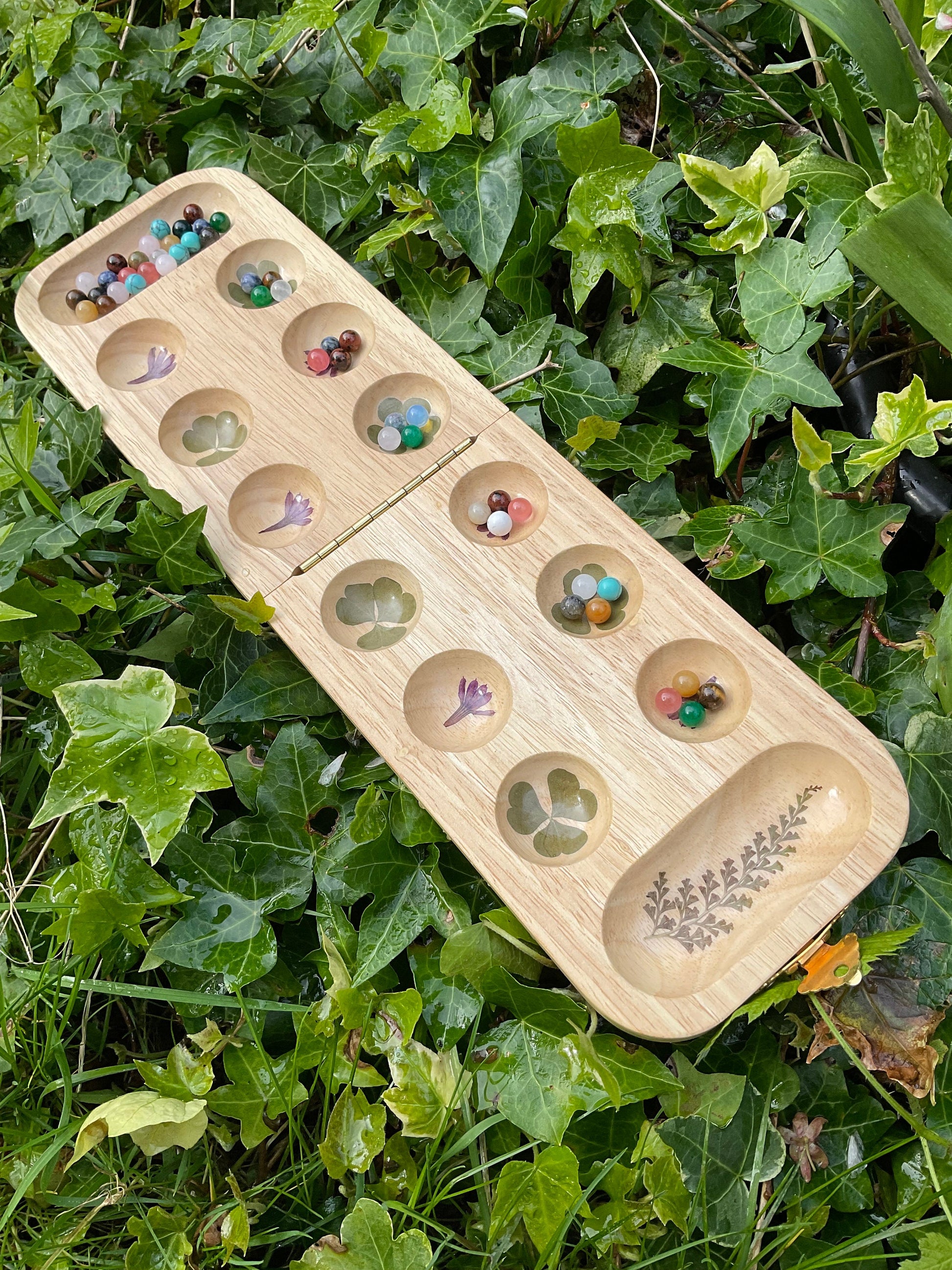 Handmade Mancala board, with campanula flowers and clover and carrot leaves, gemstone counter cottagecore goblincore unique nature game