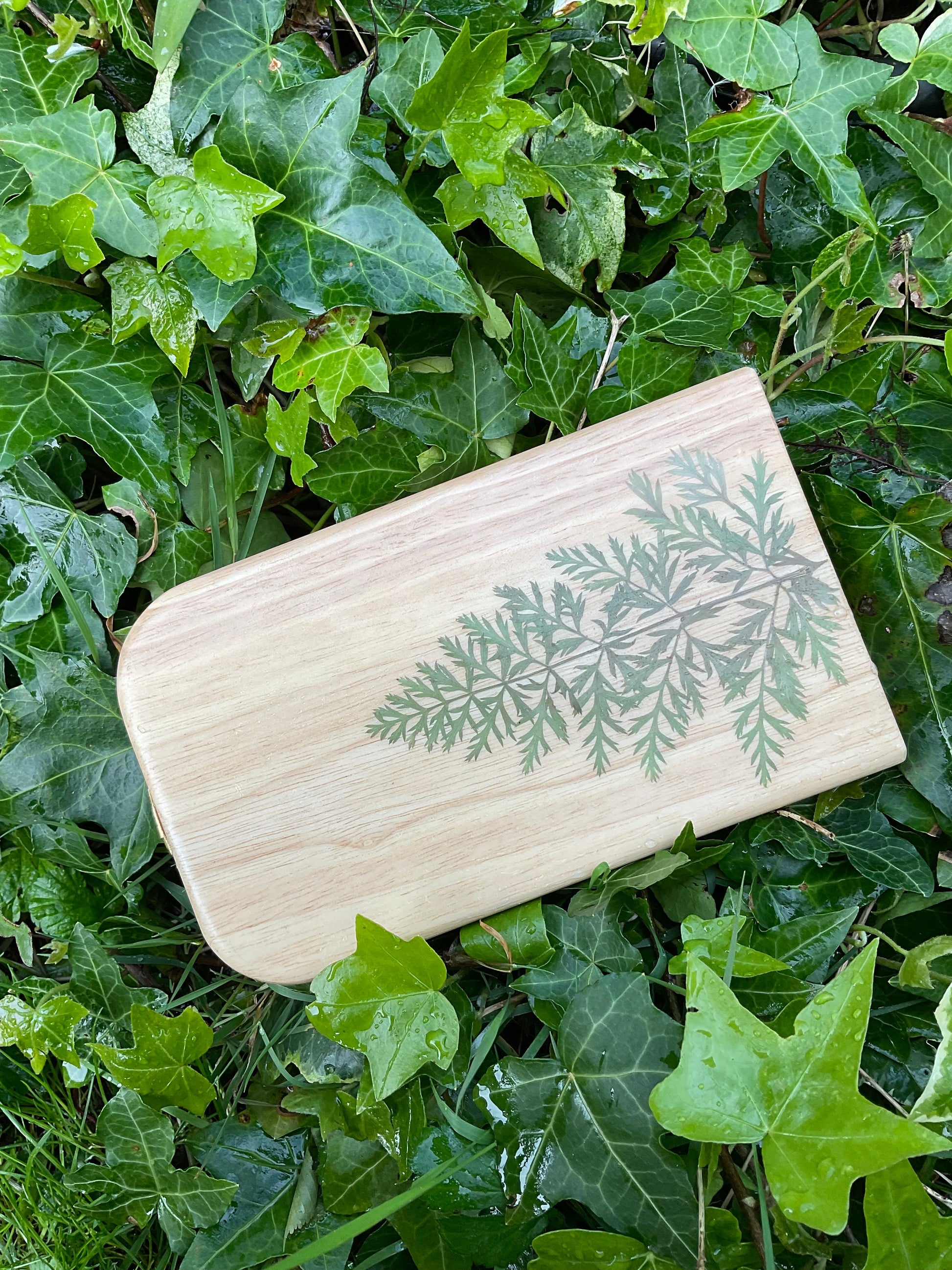 Handmade Mancala board, with campanula flowers and clover and carrot leaves, gemstone counter cottagecore goblincore unique nature game