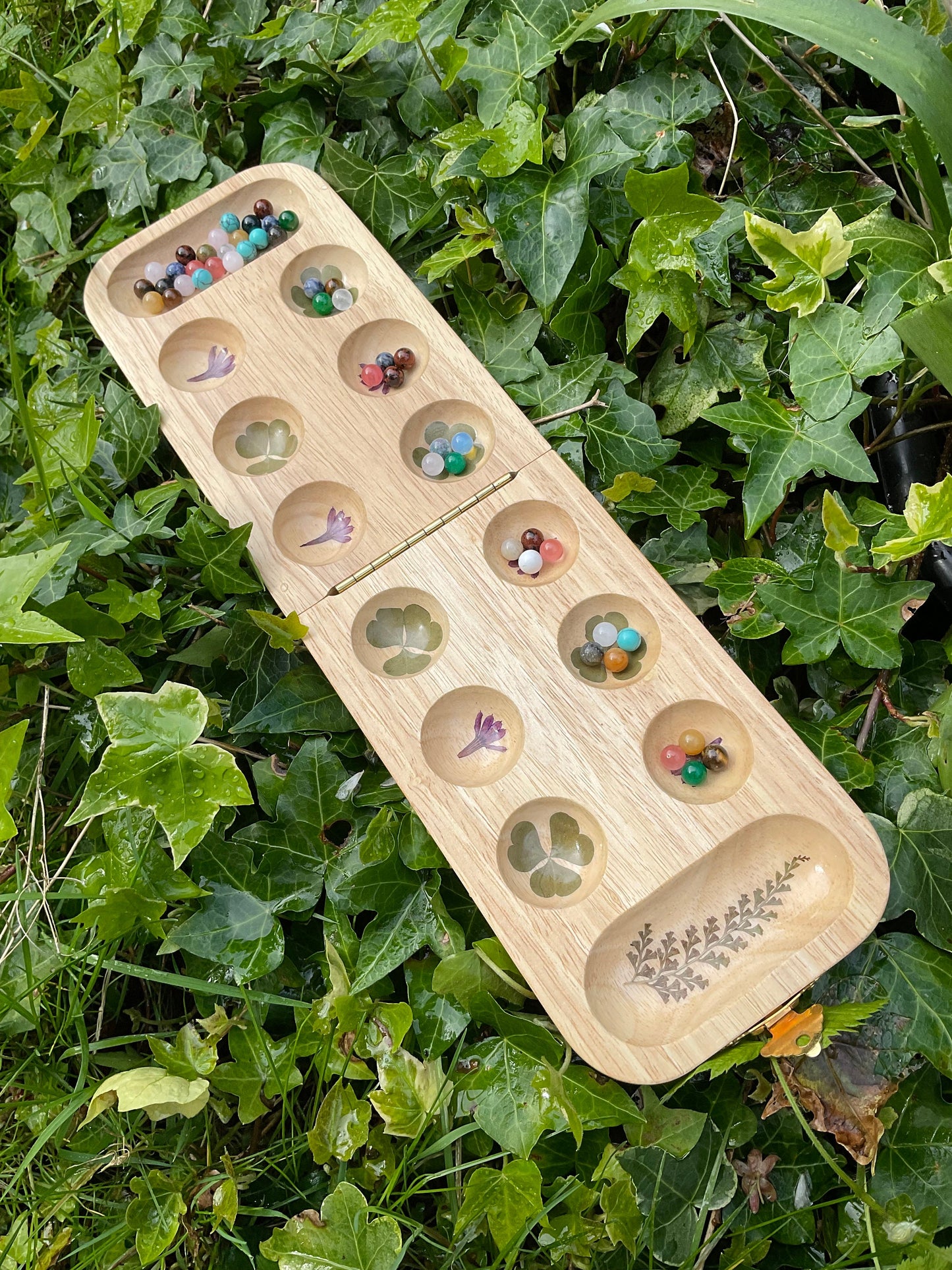 Handmade Mancala board, with campanula flowers and clover and carrot leaves, gemstone counter cottagecore goblincore unique nature game