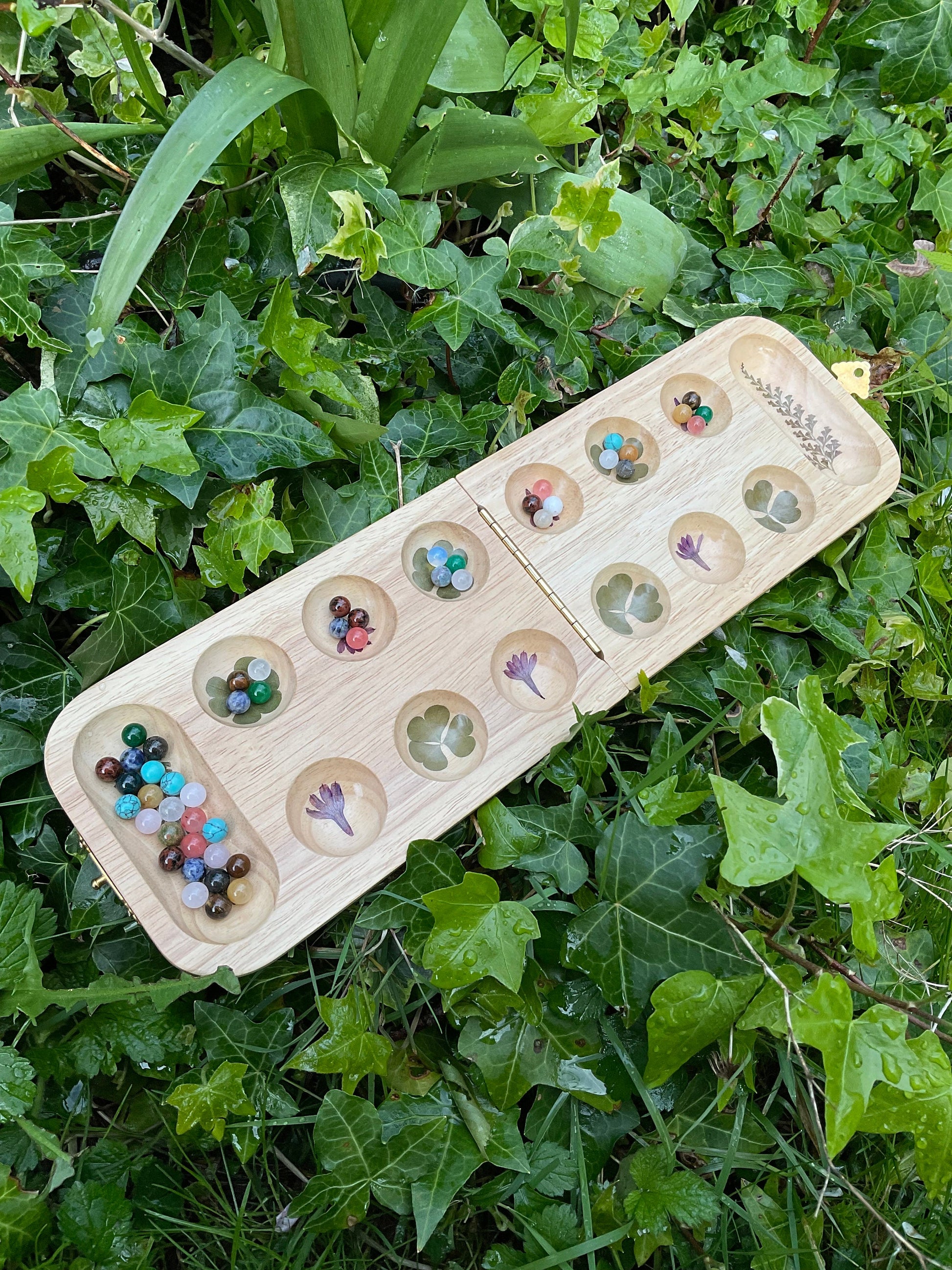 Handmade Mancala board, with campanula flowers and clover and carrot leaves, gemstone counter cottagecore goblincore unique nature game