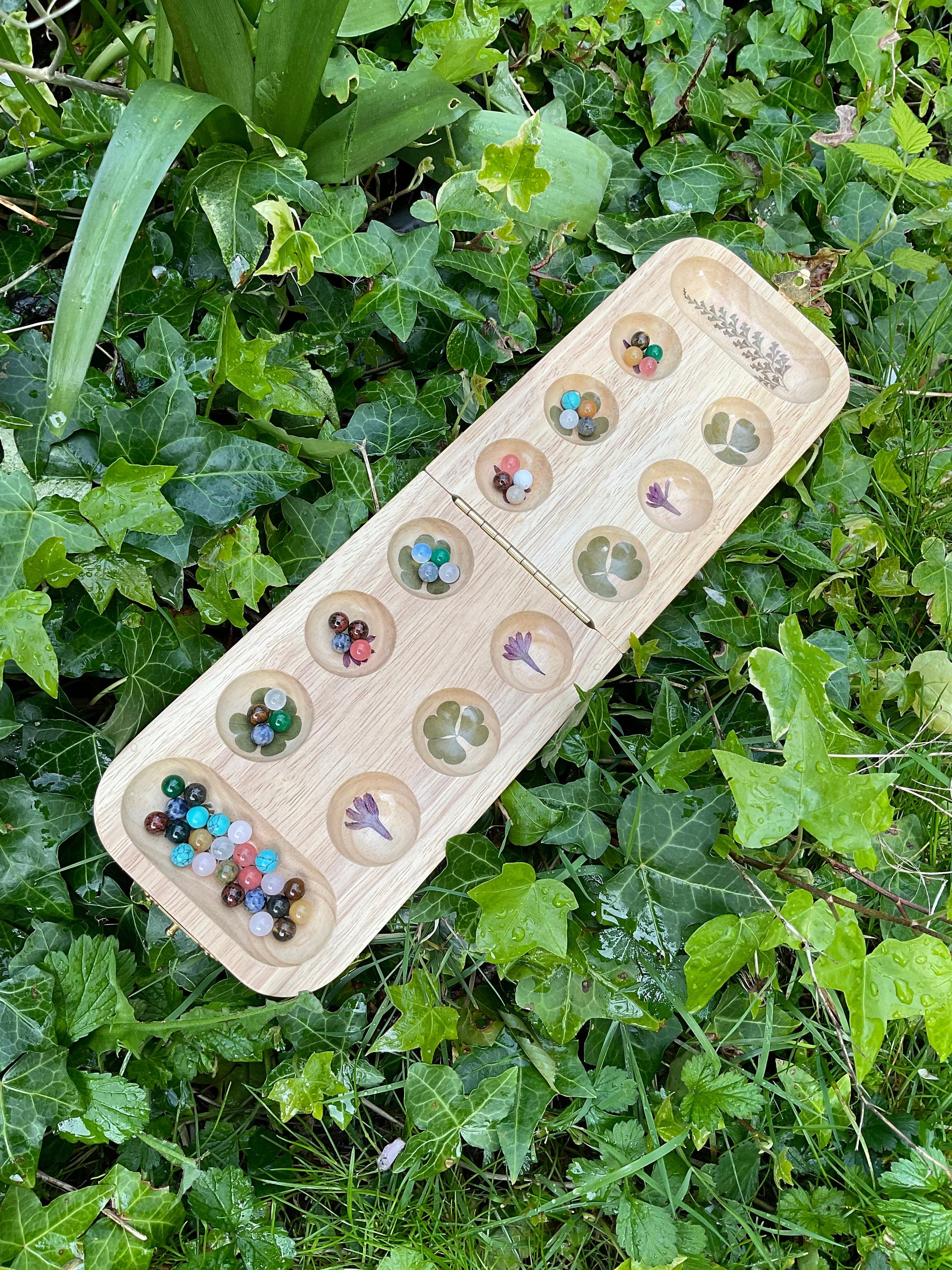 Handmade Mancala board, with campanula flowers and clover and carrot leaves, gemstone counter cottagecore goblincore unique nature game