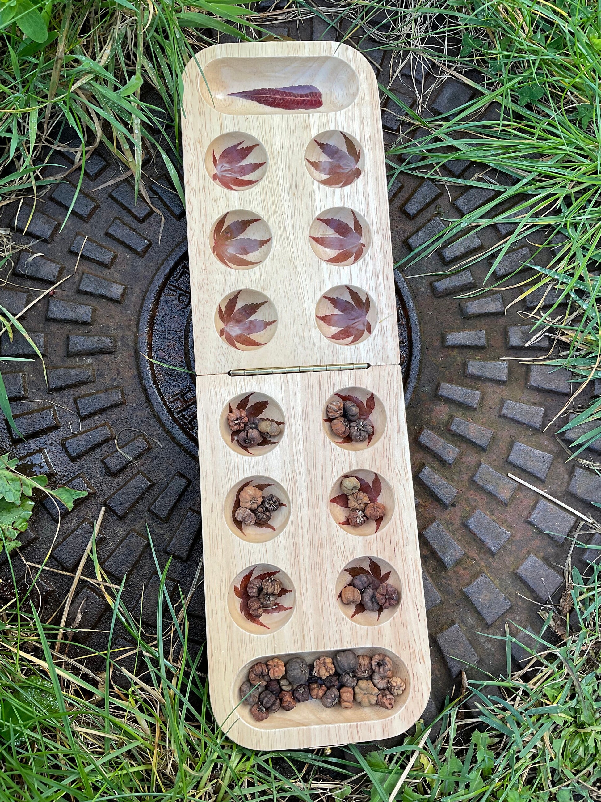 Handmade folding Mancala board, with real Aster and torch leaves maple leaf shabby chic cottagecore goblincore nature handmade boardgame