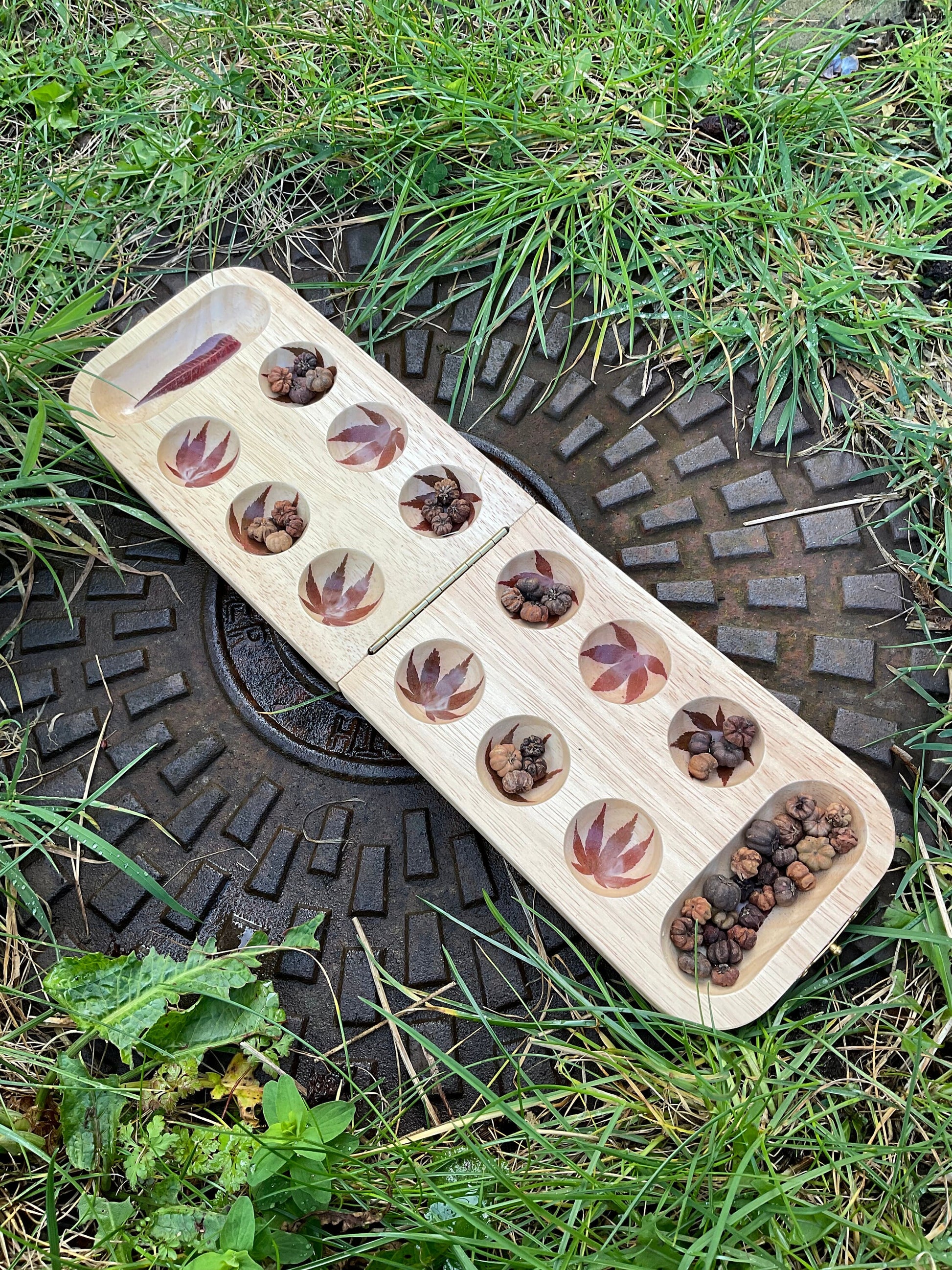 Handmade folding Mancala board, with real Aster and torch leaves maple leaf shabby chic cottagecore goblincore nature handmade boardgame