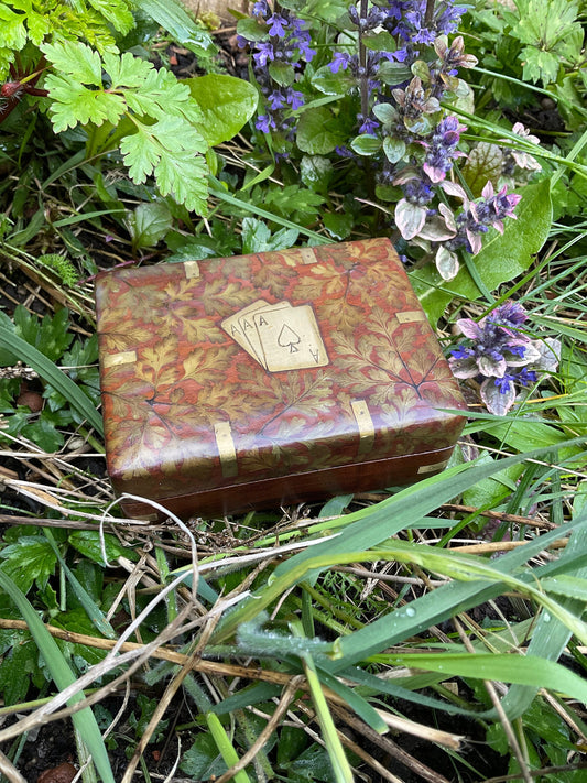 Handmade card and dice box with geranium leaves b grade shabby chic cottagecore goblincore unique nature