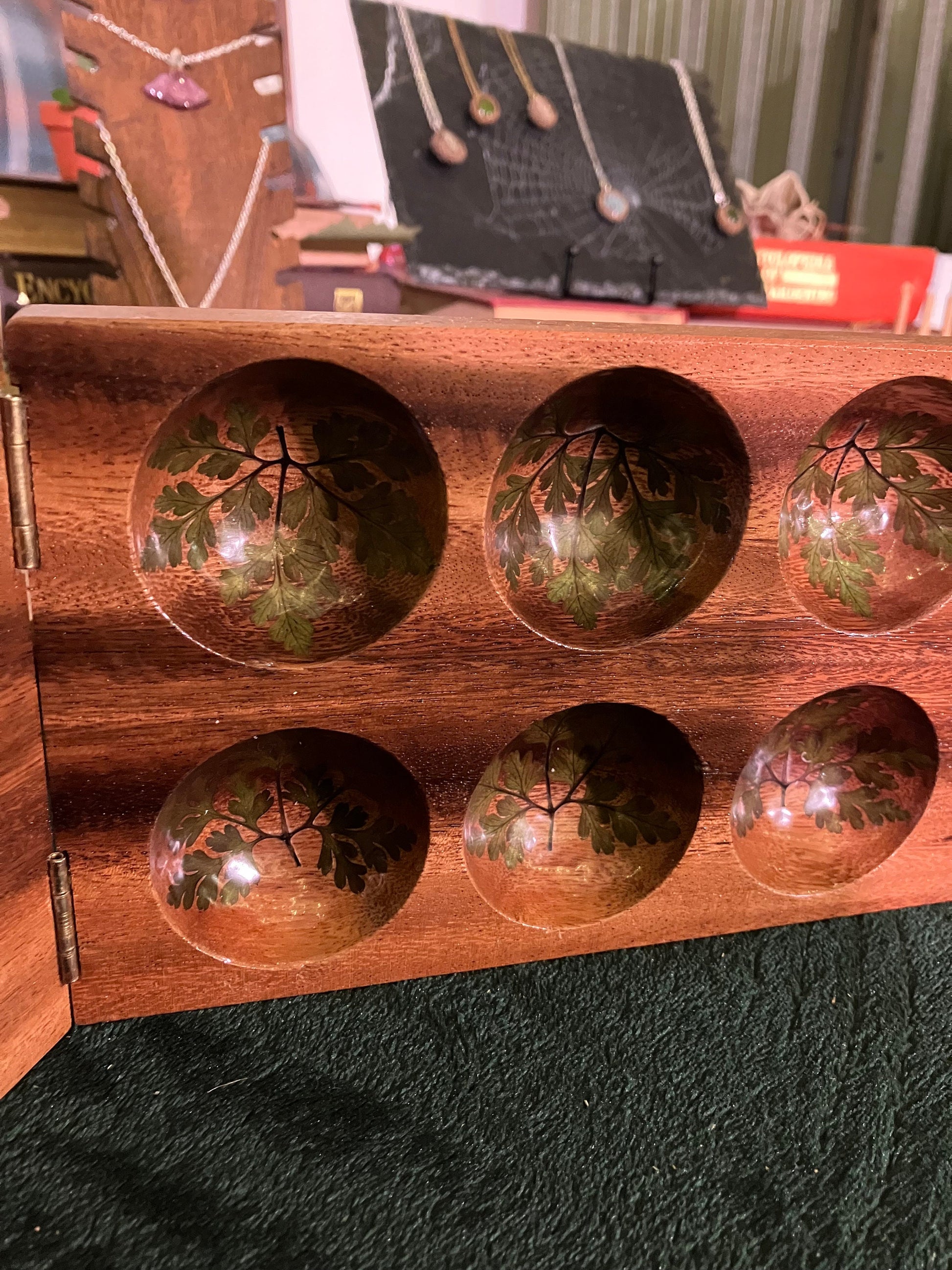 Handmade mahogany Mancala board, with real geranium and Fern leaves shabby chic cottagecore goblincore unique nature