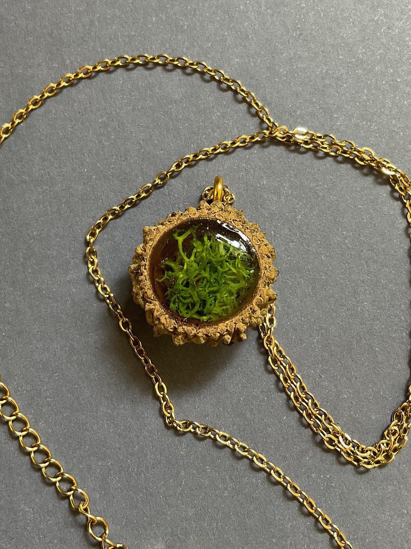 Real acorn with suspended preserved moss B grade necklace cottagecore nature witch gift goblin core fairy birthday floral unique hand made