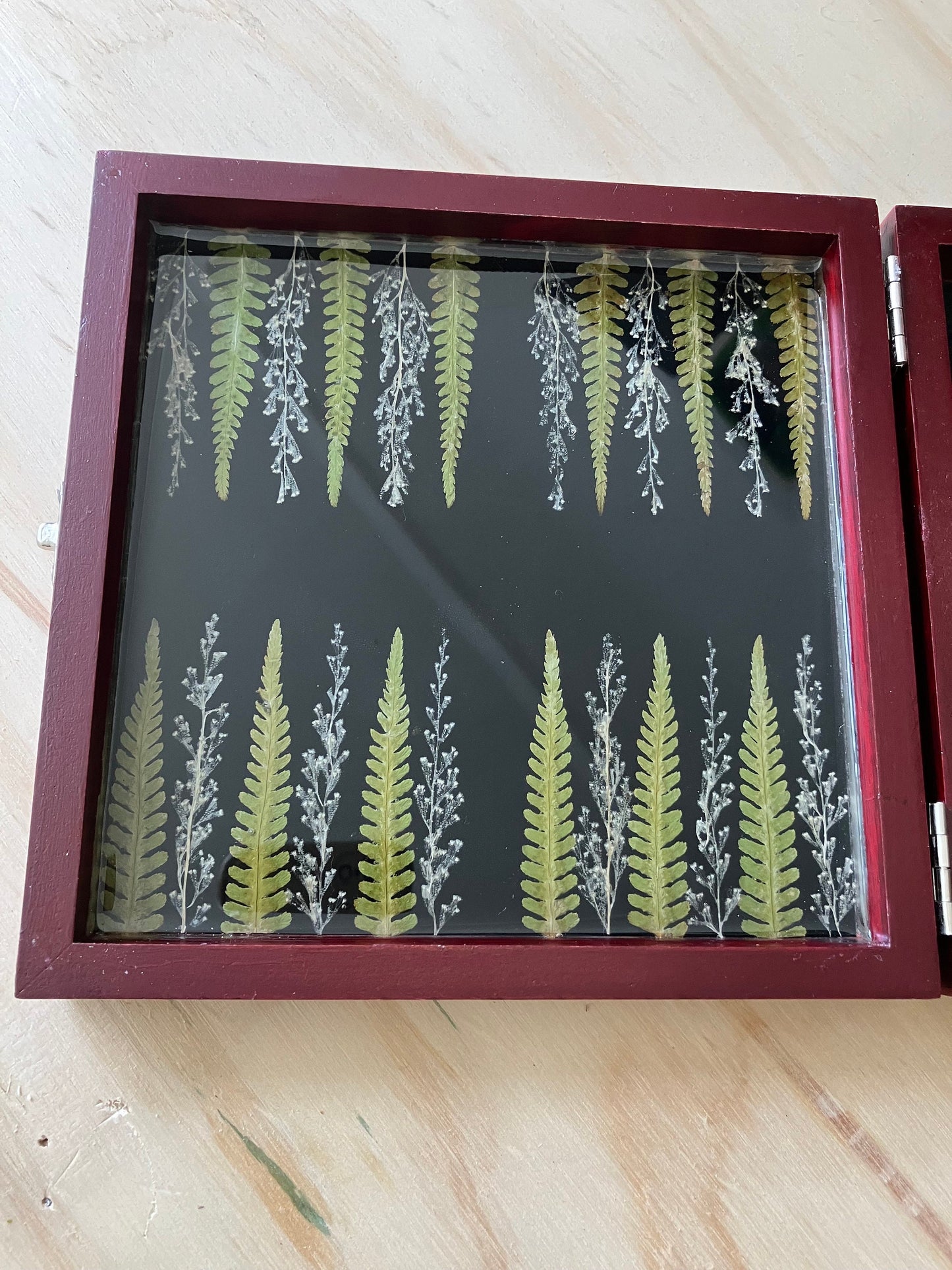 Handmade small Fern backgammon board B grade with pressed leaves including ferns geranium & Herb robert - shabby chic cottagecore nature