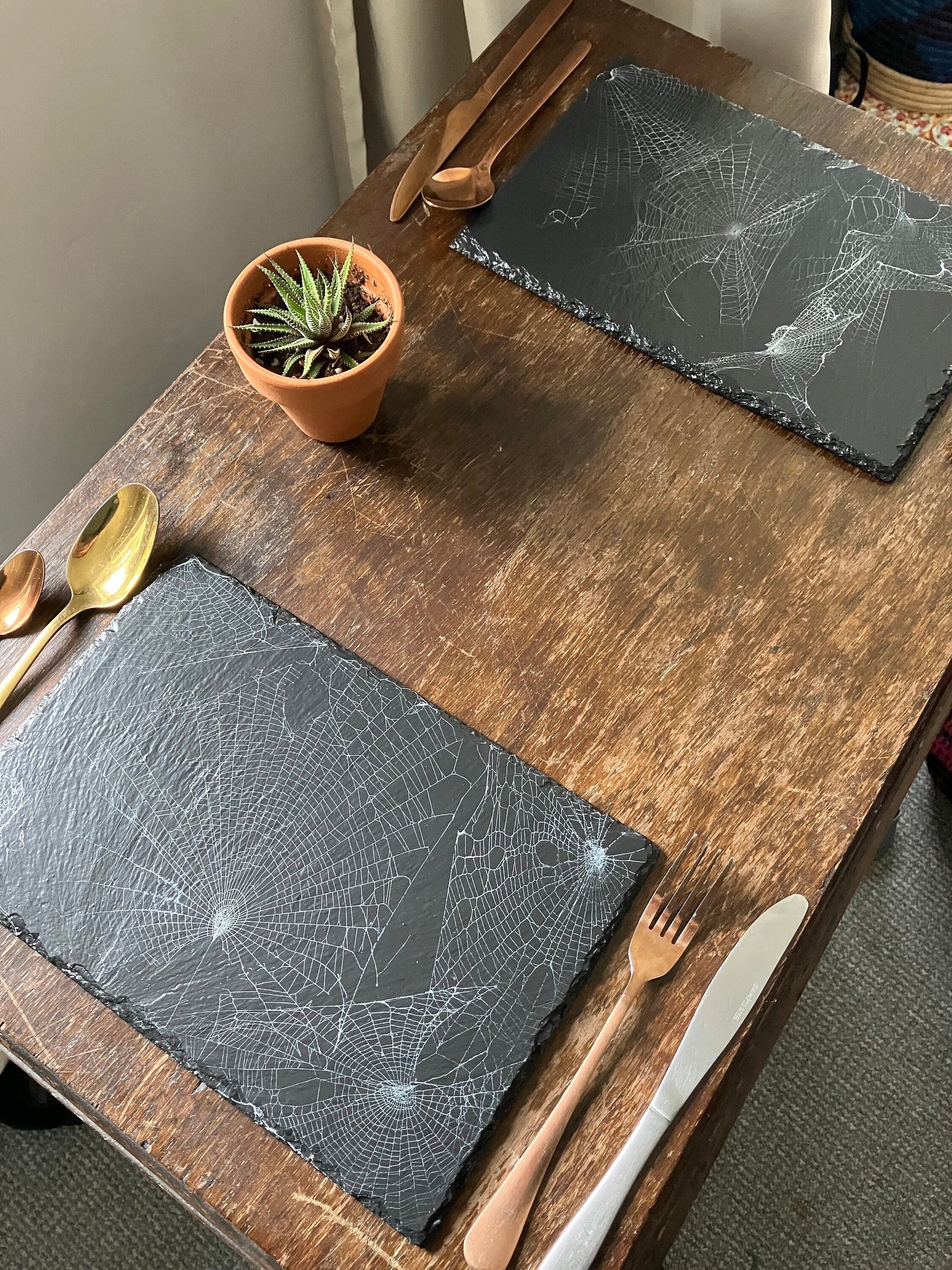 Handmade slate & real preserved cobwebs place matts table setting shabby chic cottagecore goblincore unique nature goth spider homeware