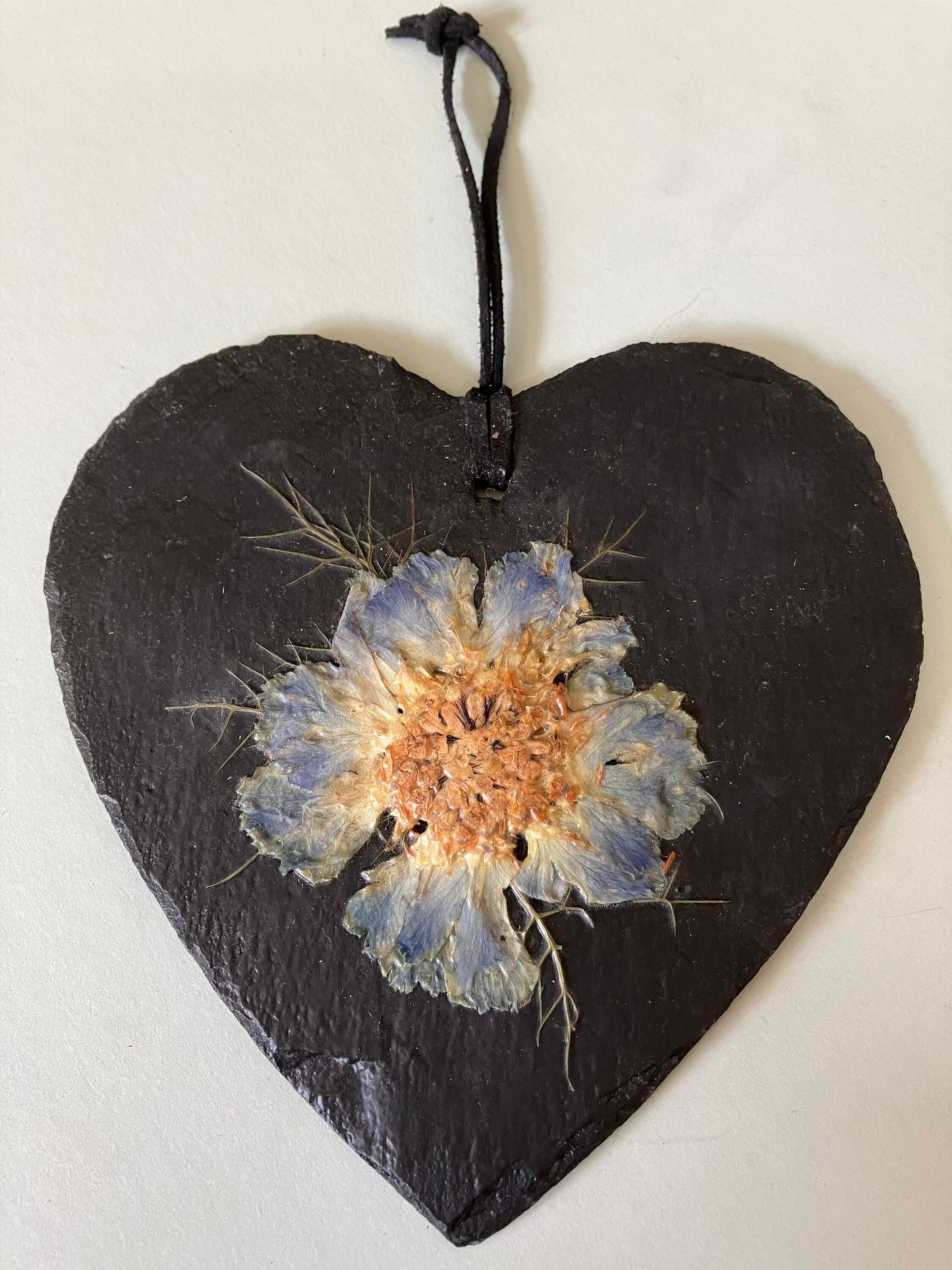 Slate heart with preserved blue Himalayan poppy flower, cottagecore fae botanical gift foraged preserved plant wall hanger