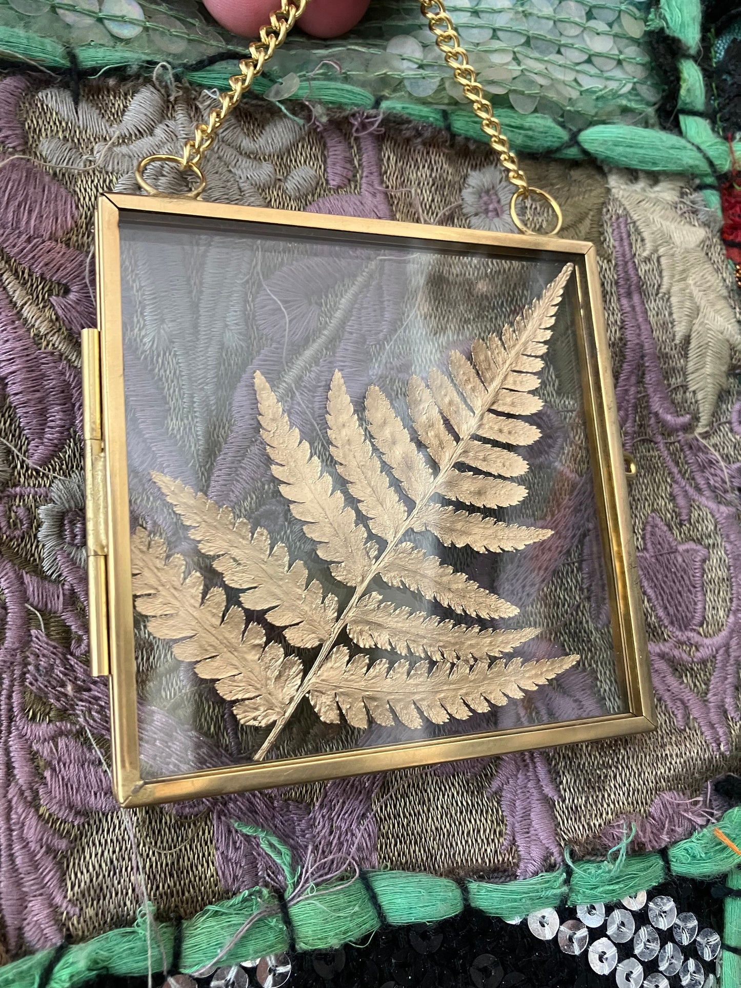 Real Fern leaf gold wall hanger, real pressed flower floating frame, cottagecore fae botanical gift foraged plant