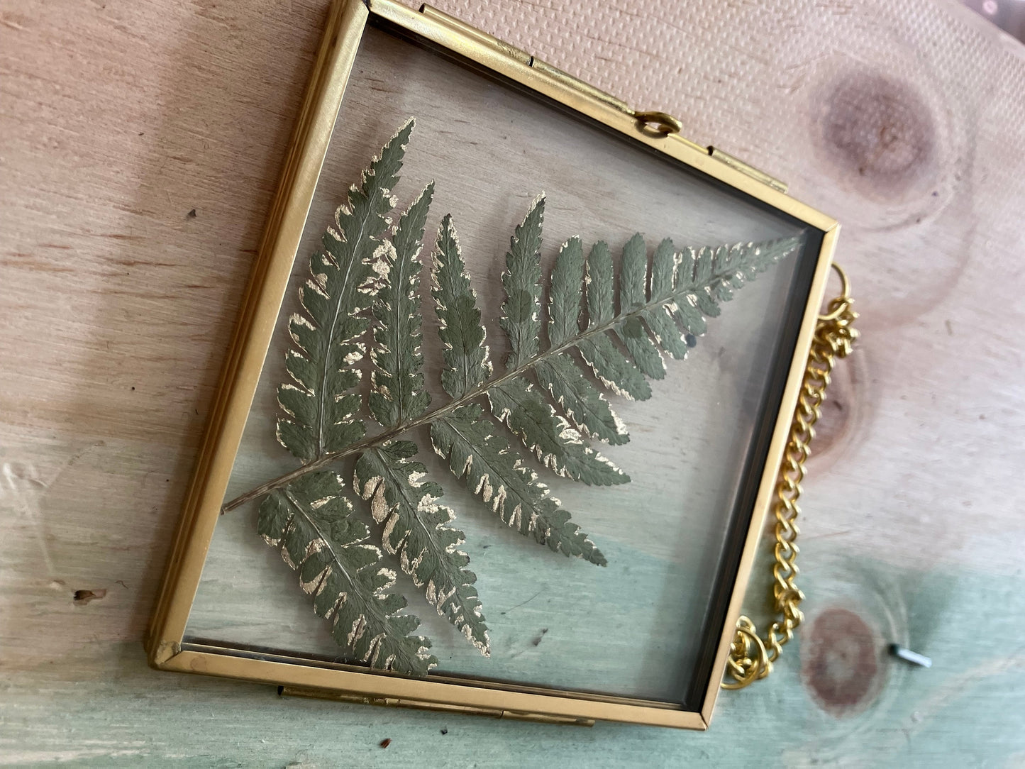 Real Fern leaf gold wall hanger, real pressed flower floating frame, cottagecore fae botanical gift foraged plant