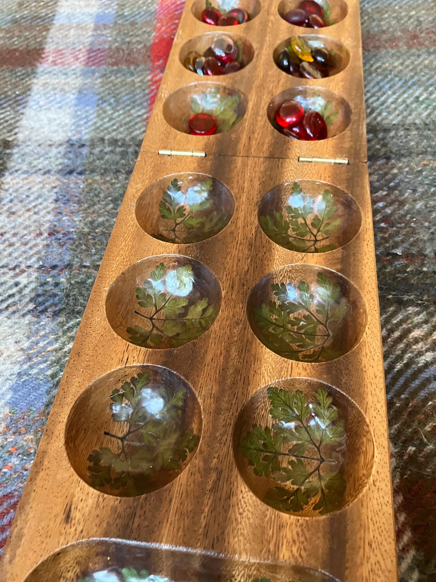 Handmade mahogany Mancala board, with real geranium and Fern leaves shabby chic cottagecore goblincore unique nature