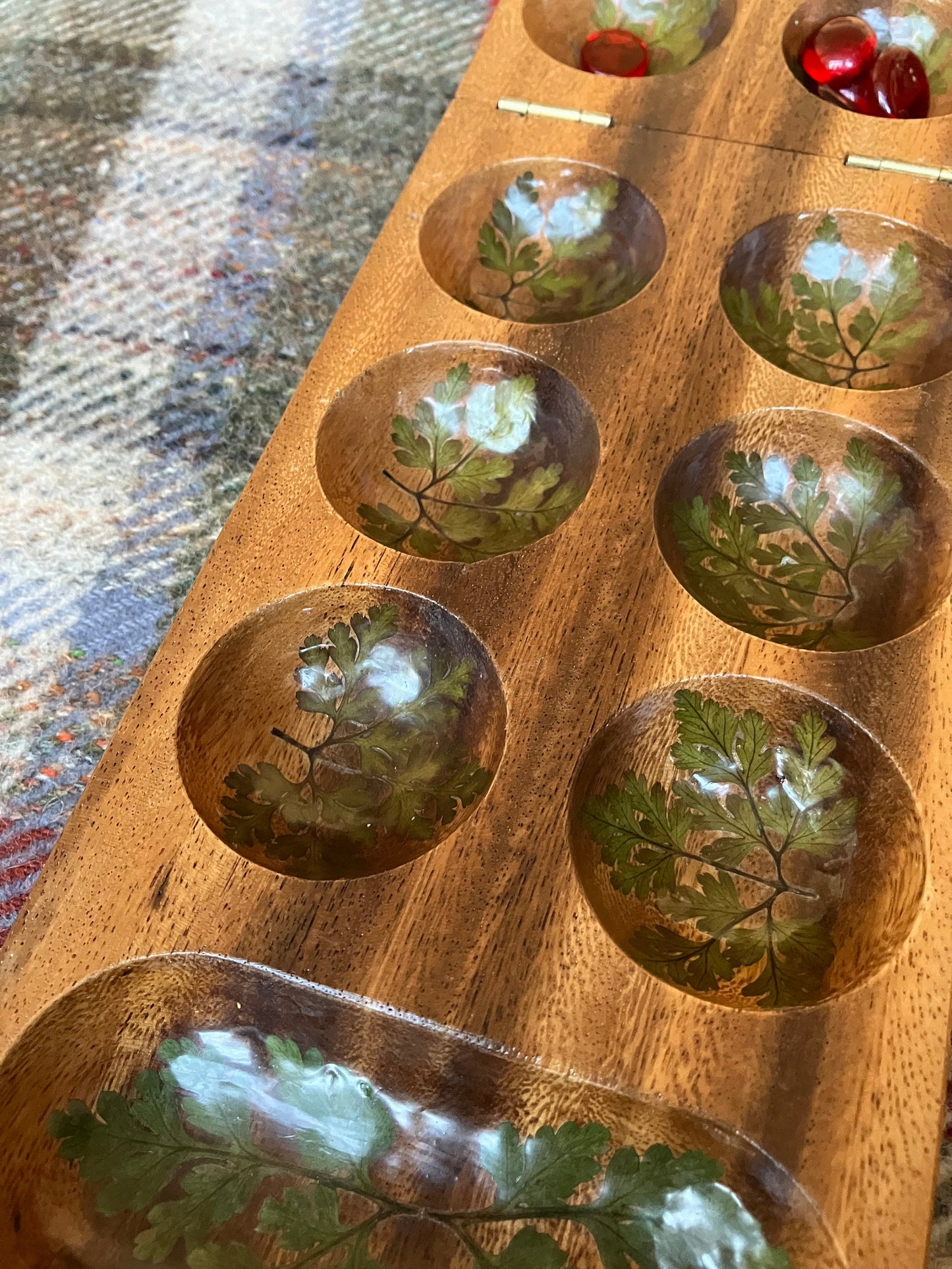 Handmade mahogany Mancala board, with real geranium and Fern leaves shabby chic cottagecore goblincore unique nature