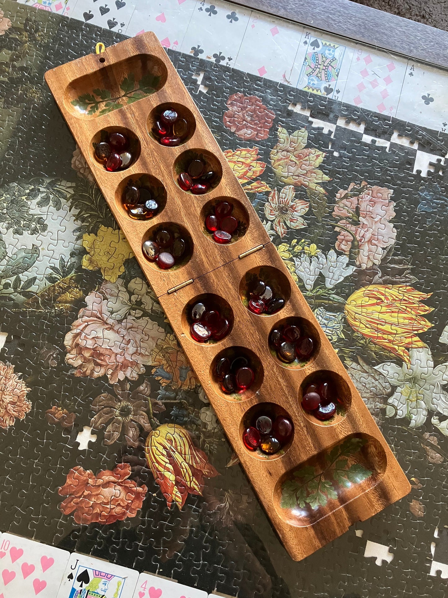 Handmade mahogany Mancala board, with real geranium and Fern leaves shabby chic cottagecore goblincore unique nature