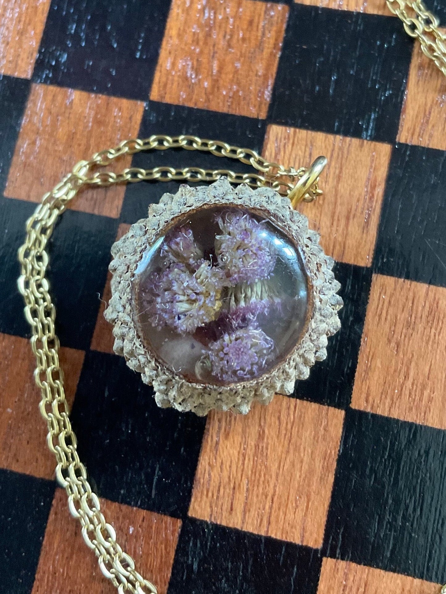 Real acorn with suspended preserved flower bud necklace cottagecore nature witch gift goblin core fairy birthday floral unique hand made