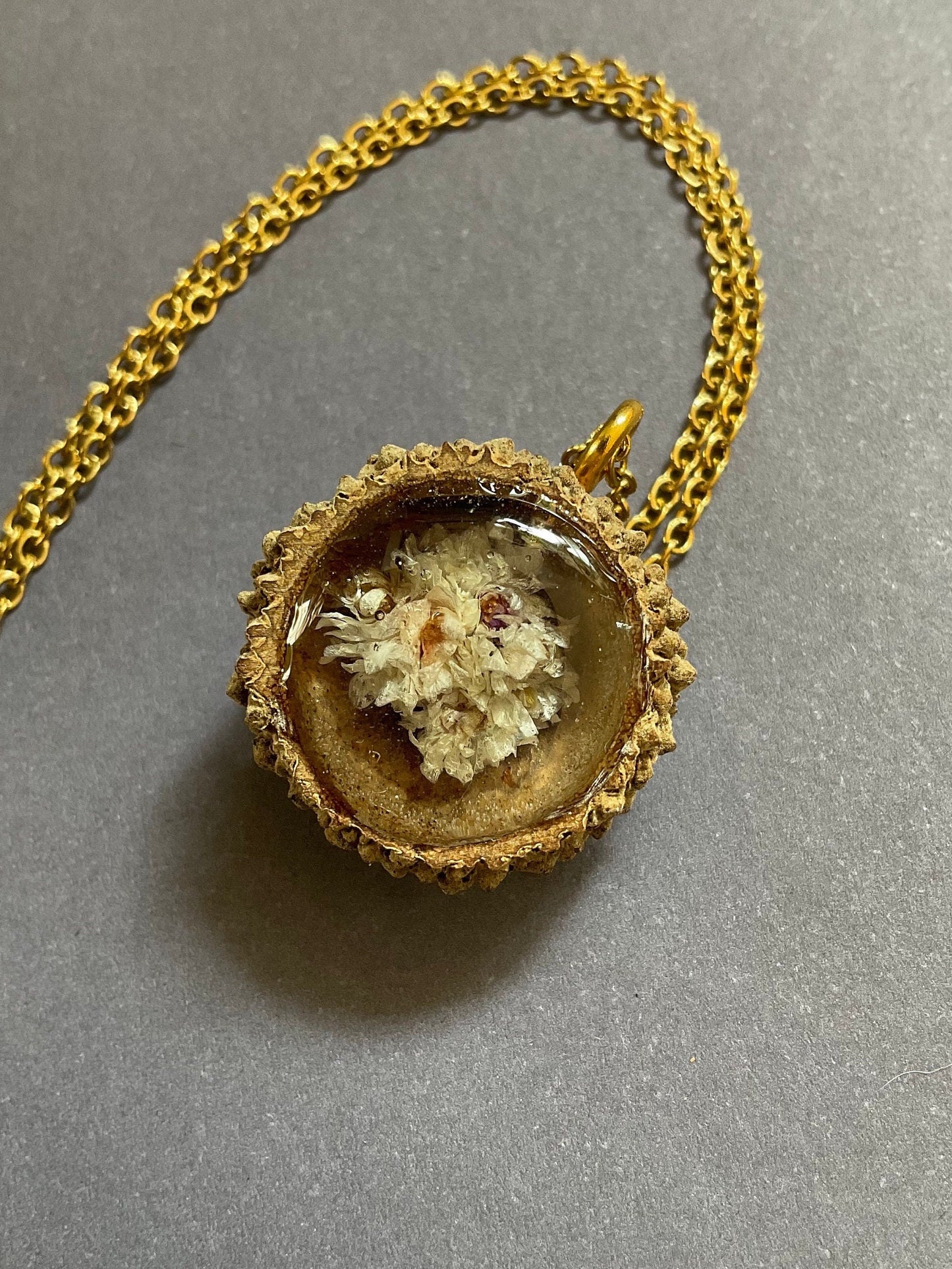 Real acorn with suspended preserved flower bud necklace cottagecore nature witch gift goblin core fairy birthday floral unique hand made