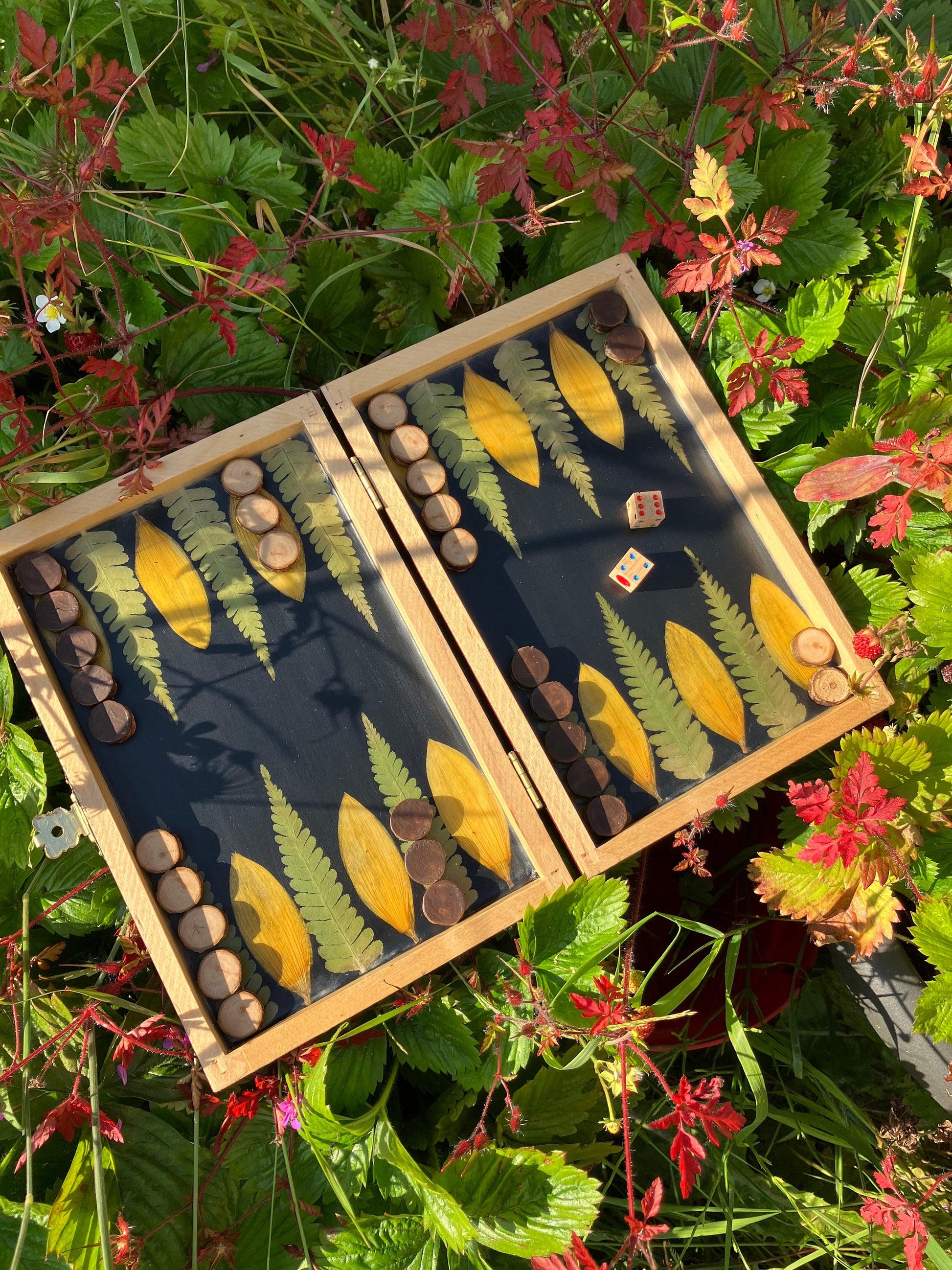 Travel size botanical backgammon board, with pressed fern leaves & Sunflower B grade tiny shabby chic cottagecore goblincore unique flower