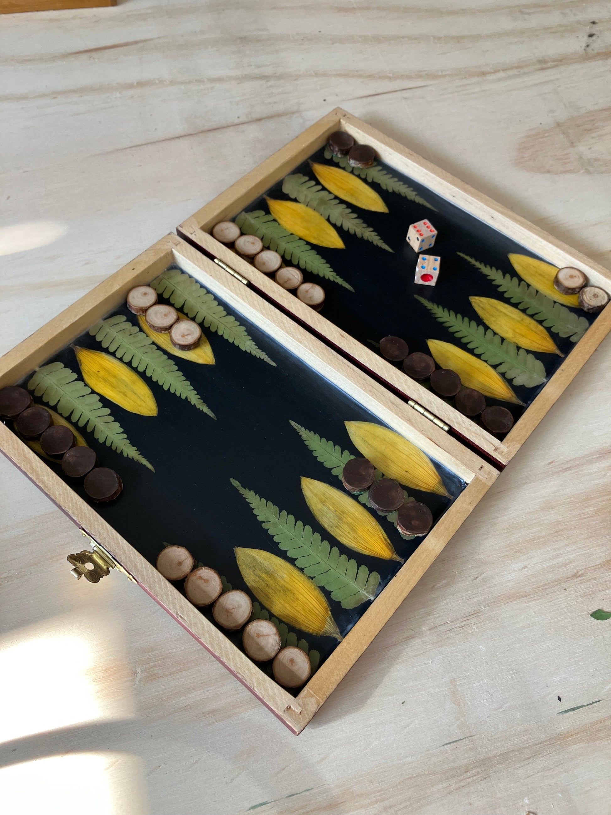 Travel size botanical backgammon board, with pressed fern leaves & Sunflower B grade tiny shabby chic cottagecore goblincore unique flower