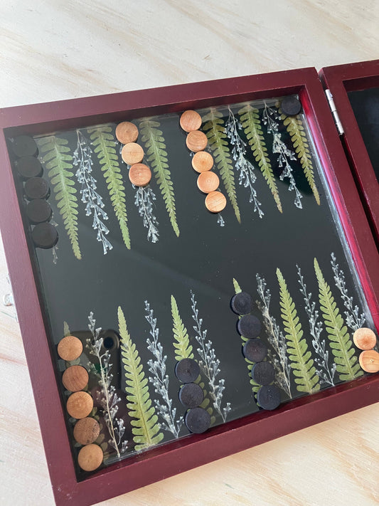 Handmade small Fern backgammon board B grade with pressed leaves including ferns geranium & Herb robert - shabby chic cottagecore nature