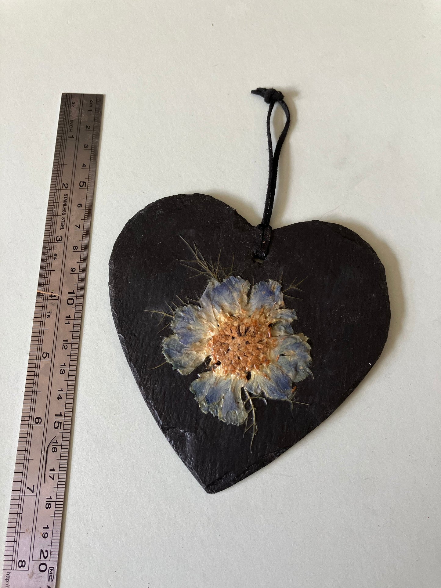 Slate heart with preserved blue Himalayan poppy flower, cottagecore fae botanical gift foraged preserved plant wall hanger