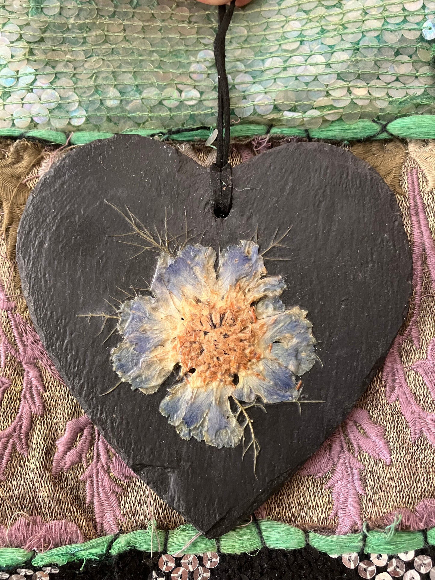 Slate heart with preserved blue Himalayan poppy flower, cottagecore fae botanical gift foraged preserved plant wall hanger