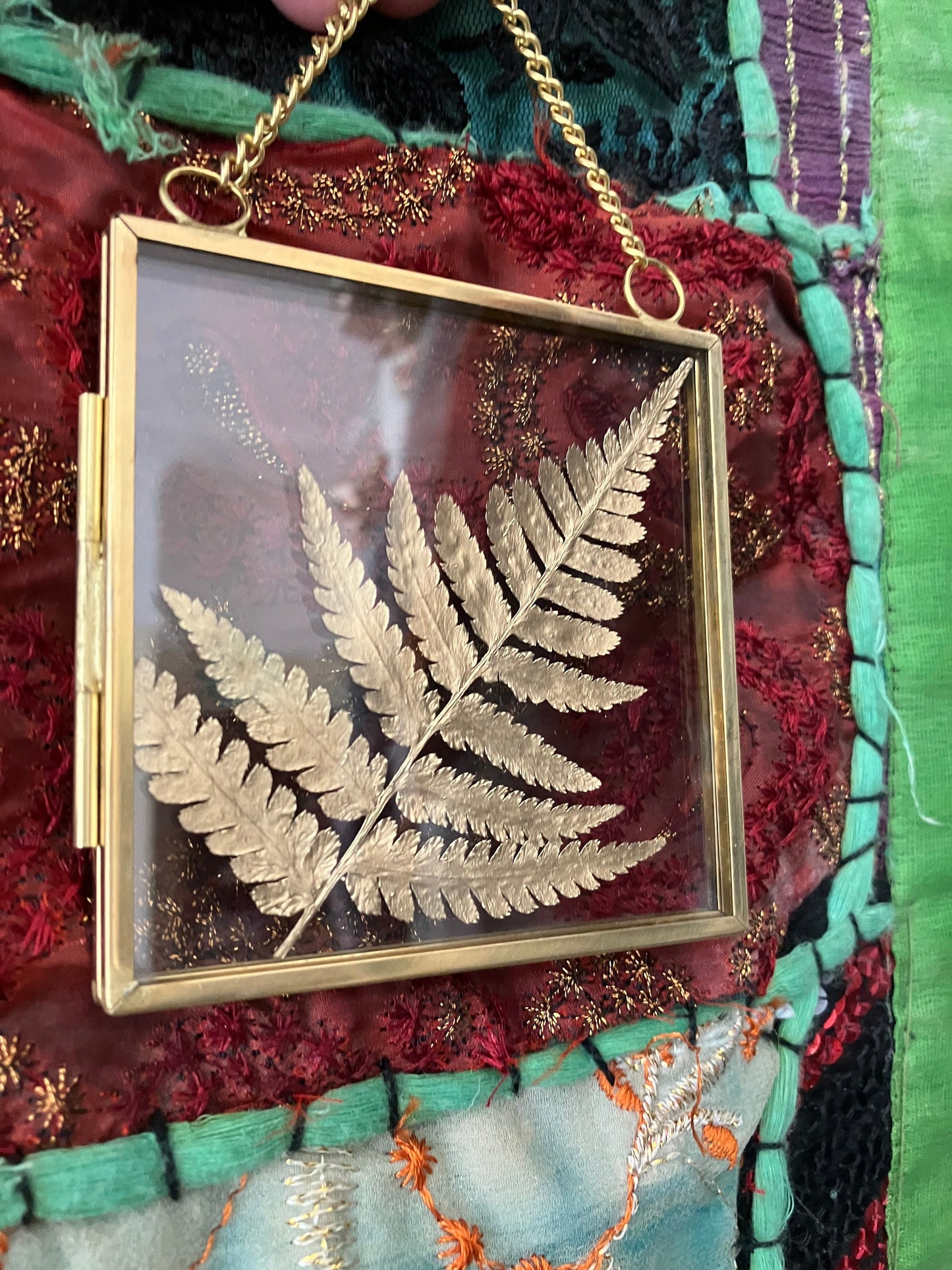 Real Fern leaf gold wall hanger, real pressed flower floating frame, cottagecore fae botanical gift foraged plant