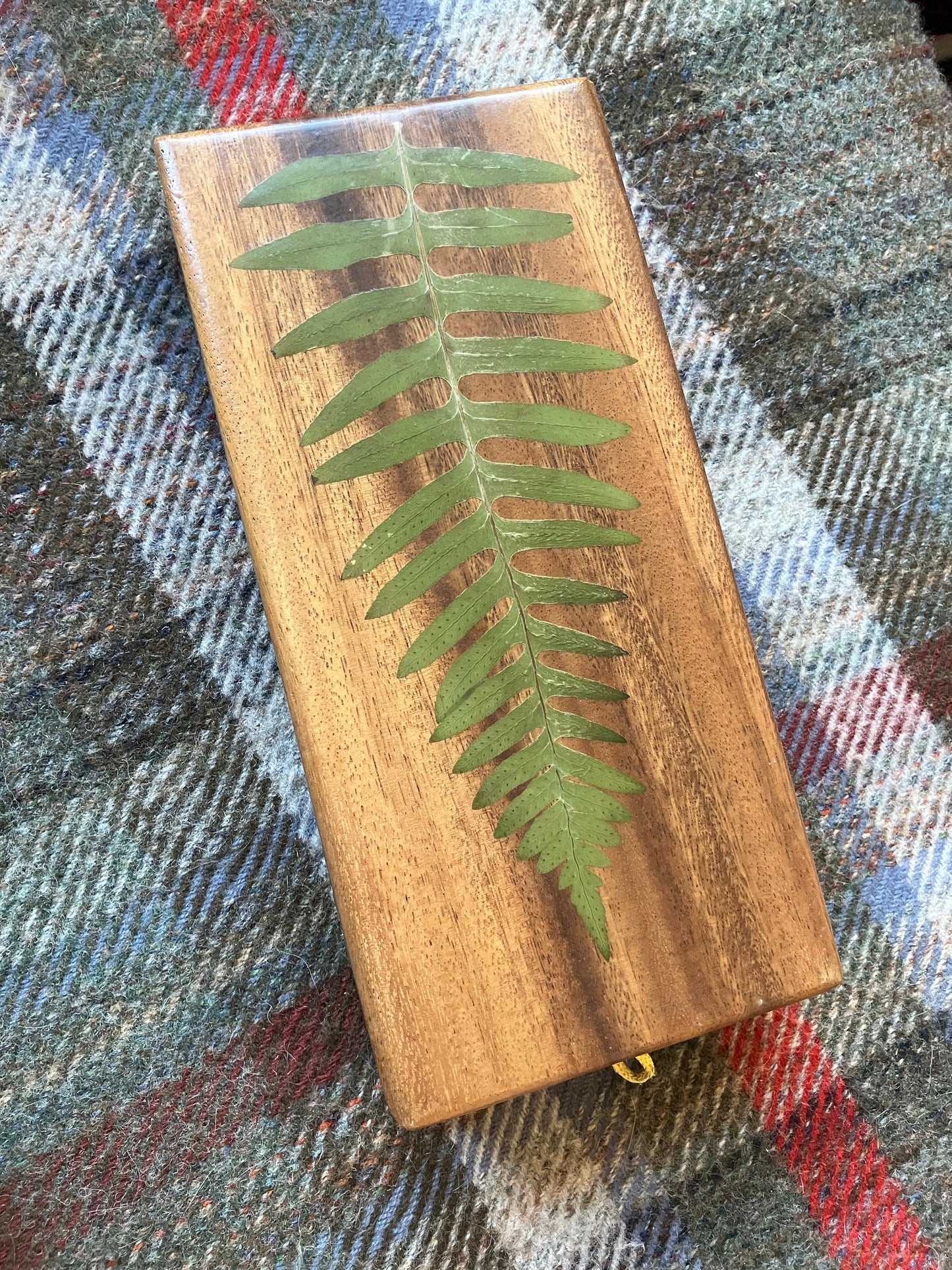 Handmade mahogany Mancala board, with real geranium and Fern leaves shabby chic cottagecore goblincore unique nature