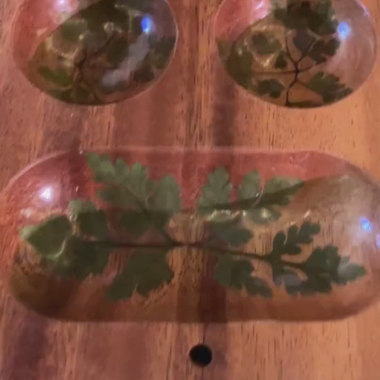 Handmade mahogany Mancala  board, with real geranium and Fern  leaves shabby chic cottagecore goblincore unique nature