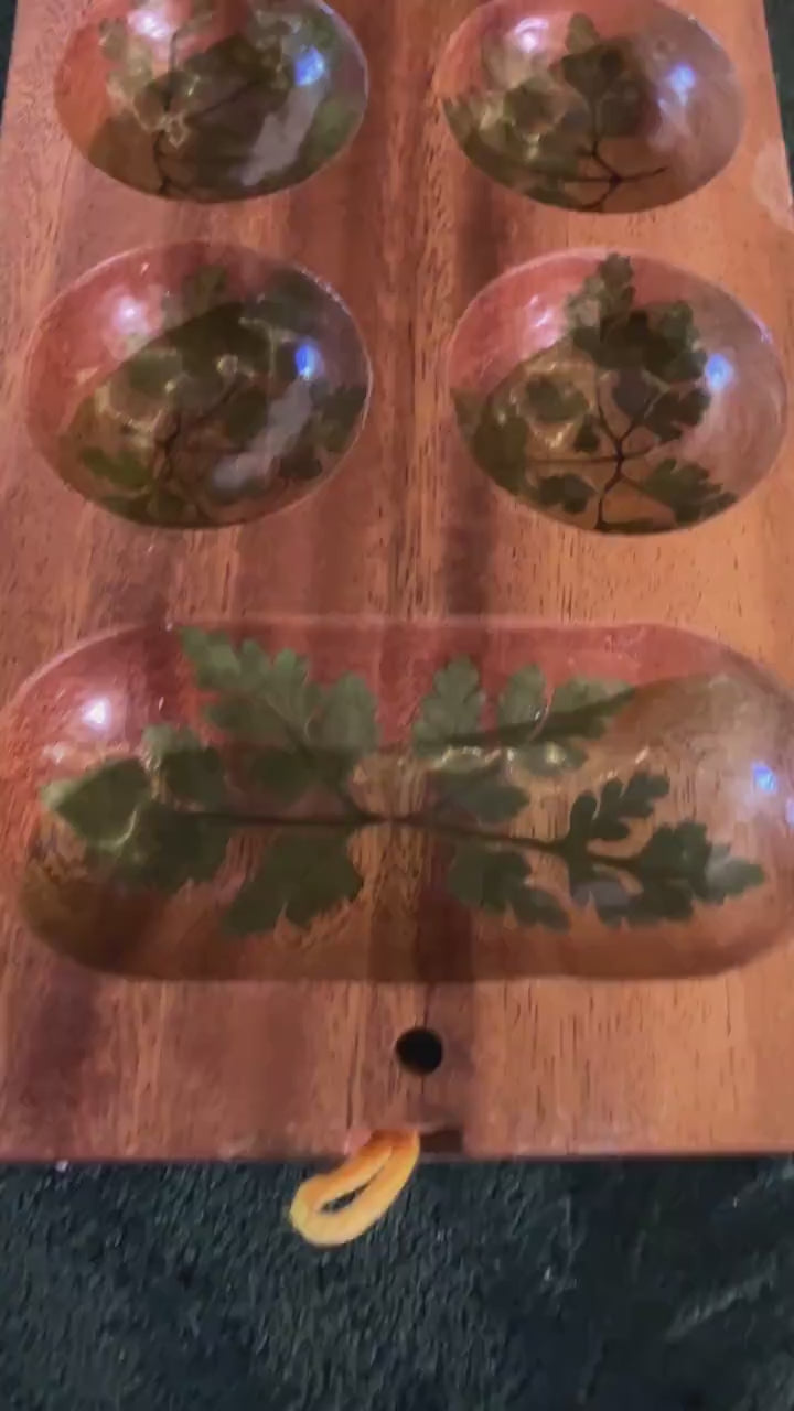 Handmade mahogany Mancala  board, with real geranium and Fern  leaves shabby chic cottagecore goblincore unique nature