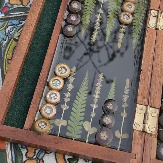 Travel size mini backgammon board, w pressed leaves includes ferns & lavender flowers, Herb shabby chic cottagecore goblincore unique nature