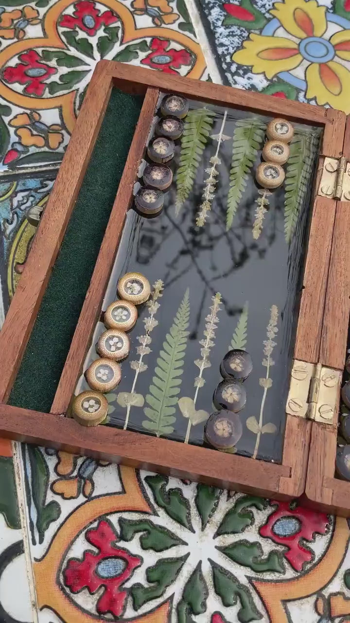 Travel size mini backgammon board, w pressed leaves includes ferns & lavender flowers, Herb shabby chic cottagecore goblincore unique nature