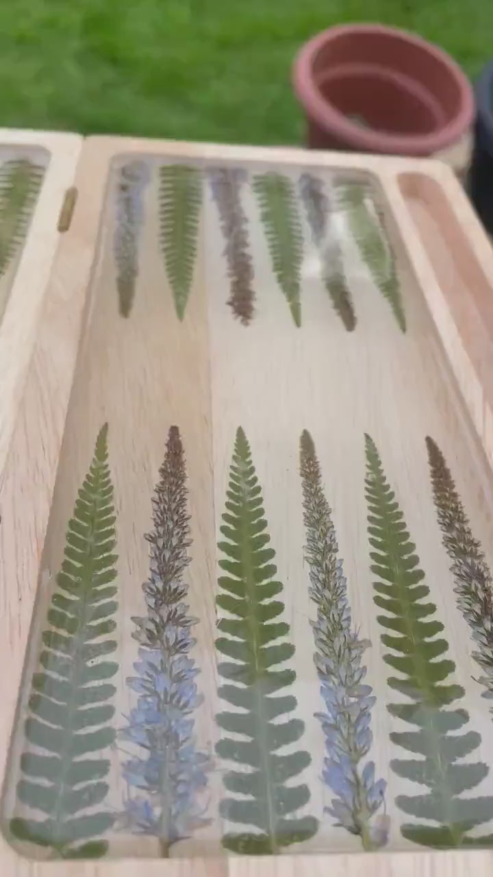 PRE-ORDER botanical backgammon board, with pressed leaves including ferns & veronica flowers cottagecore goblincore unique nature