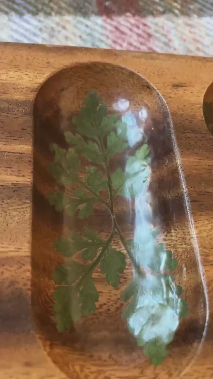 Handmade mahogany Mancala  board, with real geranium and Fern  leaves shabby chic cottagecore goblincore unique nature