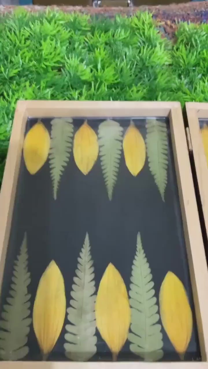 Travel size botanical  backgammon board, with pressed fern leaves & Sunflower B grade  tiny shabby chic cottagecore goblincore unique flower