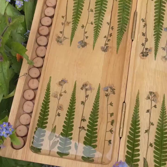 Preserved flower backgammon board, with pressed leaves including ferns and forget me not, shabby chic cottagecore goblincore unique nature