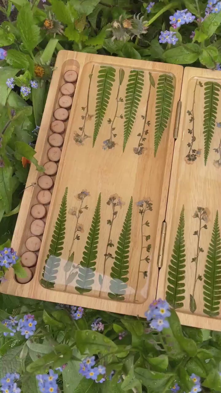 Preserved flower backgammon board, with pressed leaves including ferns and forget me not, shabby chic cottagecore goblincore unique nature